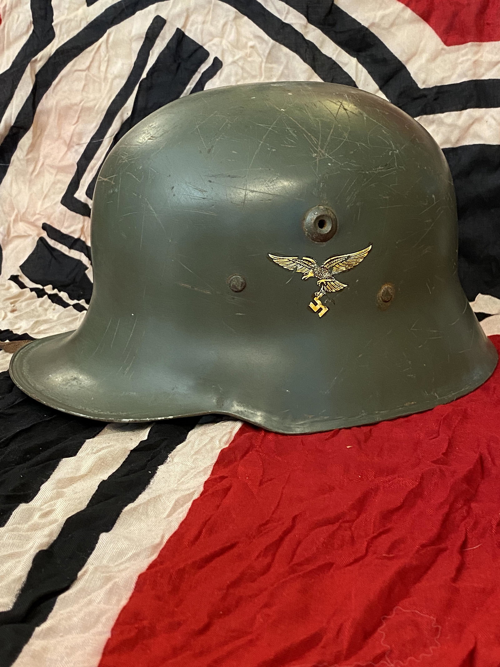 RARE WW2 GERMAN PARATROOPERS DOUBLE DECAL HELMET: RARE WW2 GERMAN PARATROOPERS DOUBLE DECAL HELMET. IN MINT OVERALL SHAPE AND CONDITION WITH A BEAUTIFUL OVERALL PATINA. HAS A GREAT LOOK TO IT WITH AN EXCELLENT OVERALL EYE APPEAL. PLEASE VIEW ALL DETA