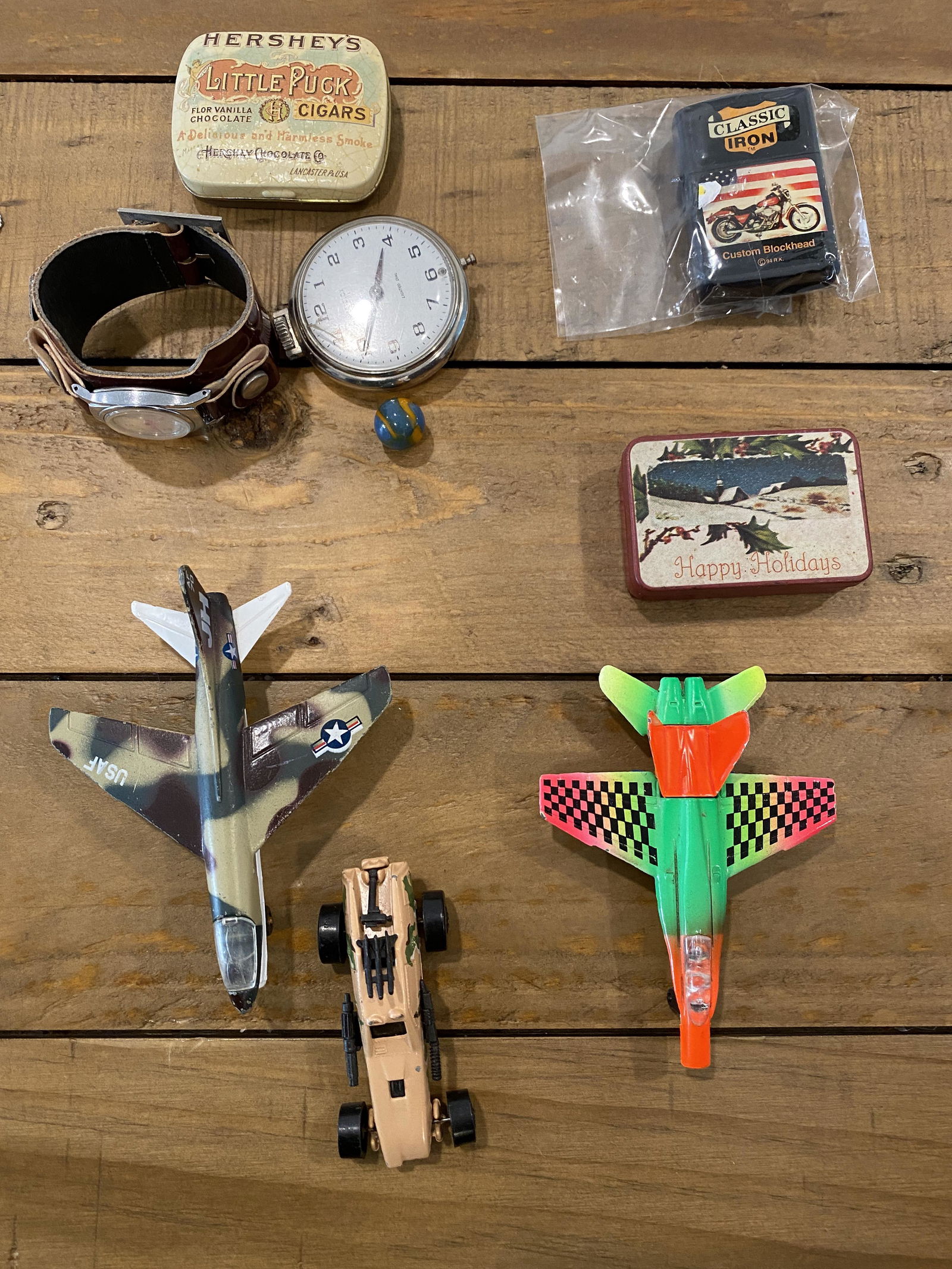 VINTAGE LOT OF WATCHES, TOY PLANES, LIGHTERS, ETC.: VINTAGE LOT OF WATCHES, TOY PLANES, LIGHTERS, ETC. SOLD AS A LOT. ALL FOR ONE MONEY. SOLD AS FOUND.