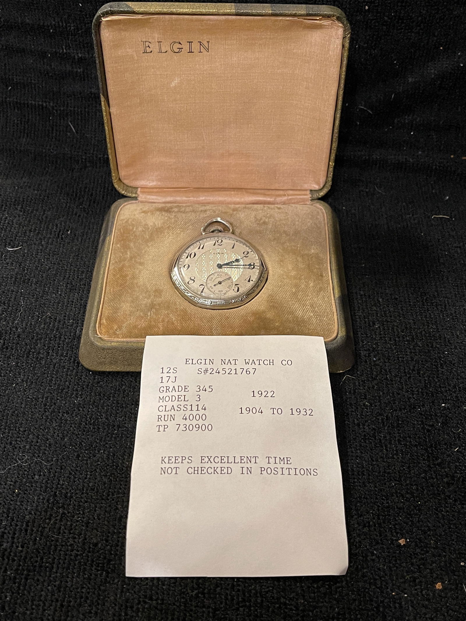 ANTIQUE ELGIN NAT. WATCH CO POCKET WATCH W/BOX: ANTIQUE ELGIN NAT. WATCH CO POCKET WATCH W/BOX. IN GOOD OVERALL SHAPE AND CONDTIION. THIS IS A GRADE 345 POCKET WATCH AND A MODEL 3. KEEPS GREAT TIME. PLEASE VIEW PICTURES FOR SPECIFIC DETAILS ON THIS