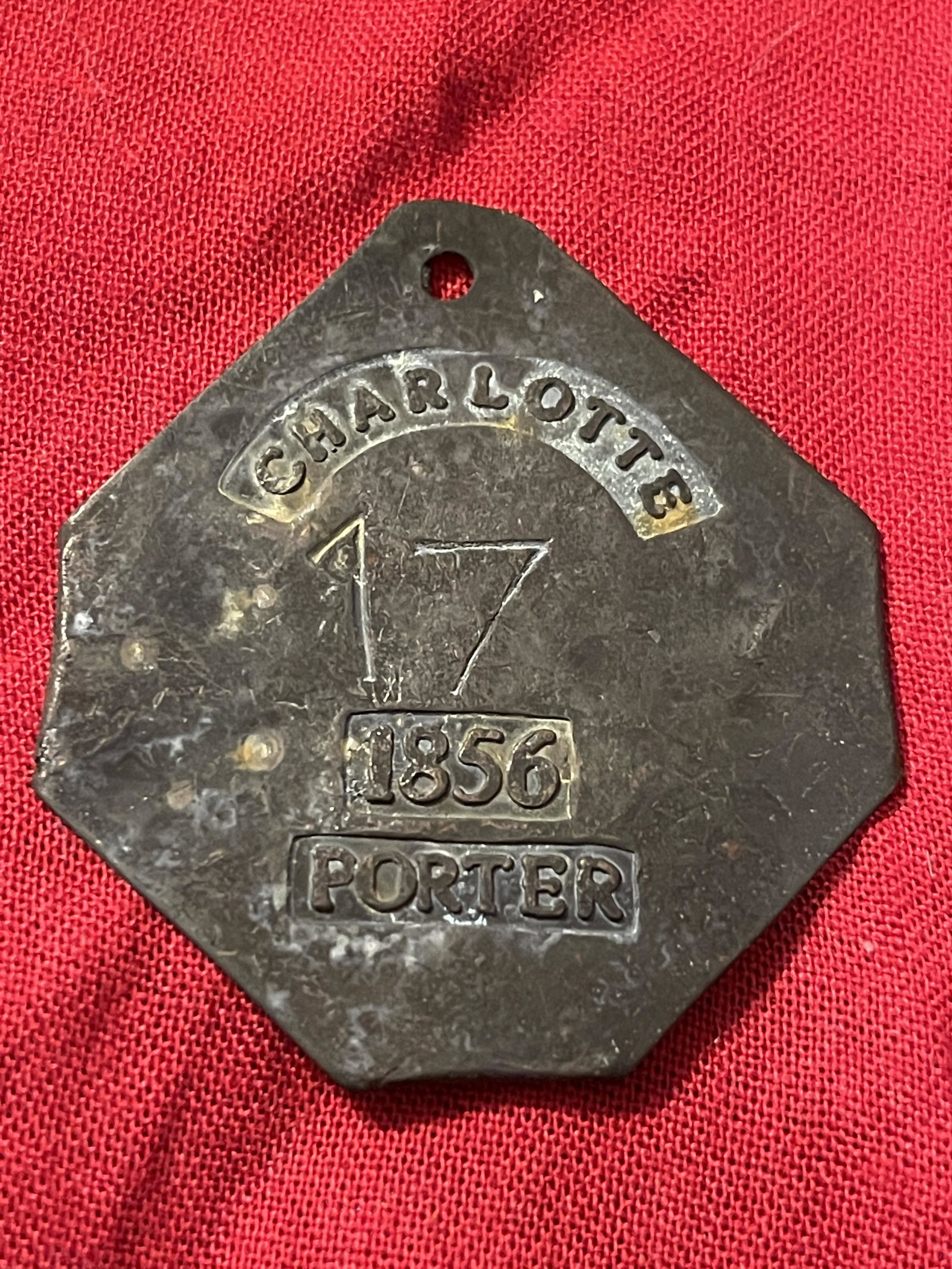 DATED 1856 CHARLOTTE PORTER SLAVE TAG: DATED 1856 CHARLOTTE PORTER SLAVE TAG. IN MINT OVERALL SHAPE AND CONDITION WITH A BEAUTIFUL OVERALL PATINA. THIS IS A VERY RARE FIND. PLEASE VIEW ALL DETAILED PICTURES. A GREAT FIND AND AN EXCELLENT A