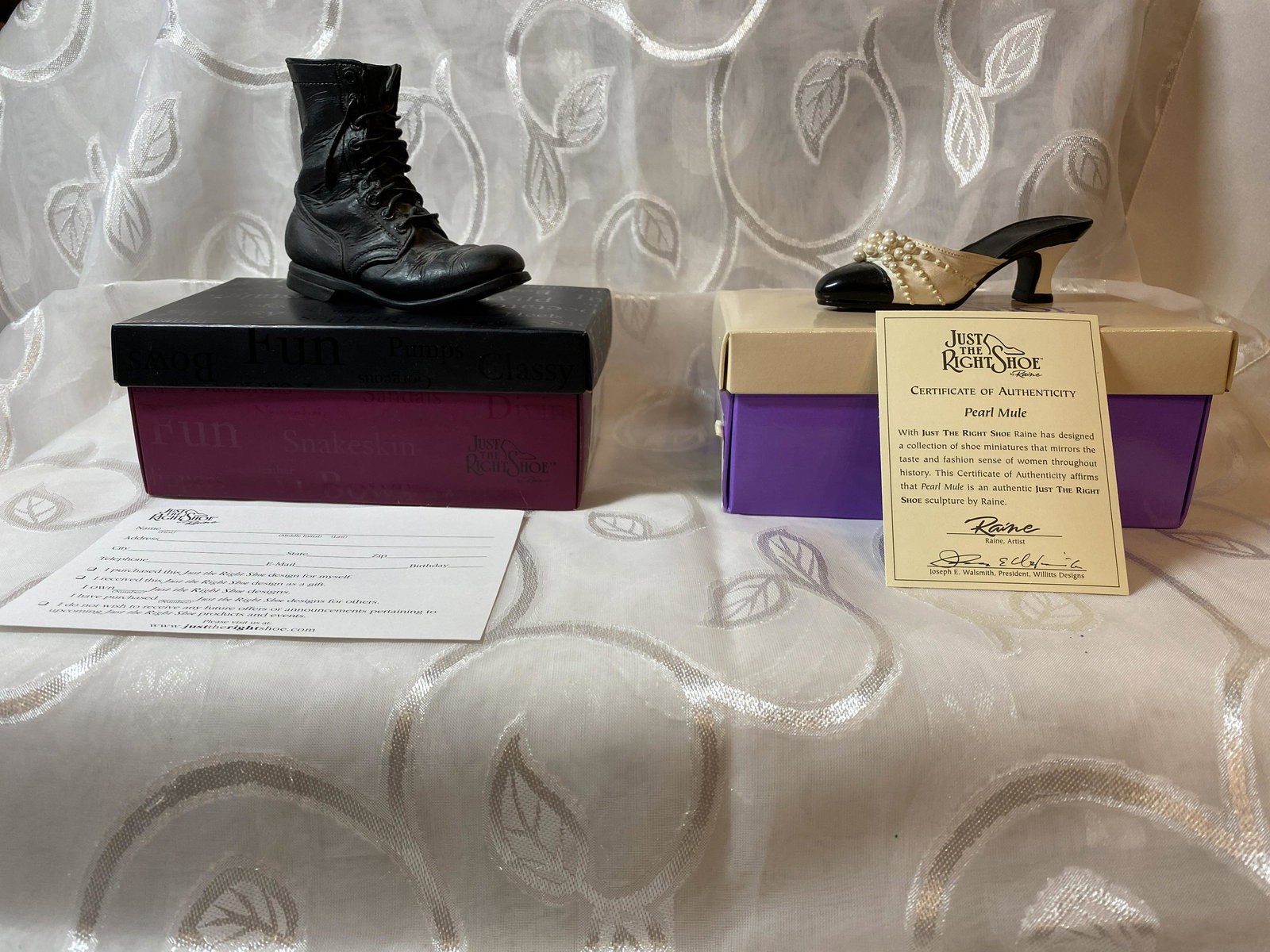 MINIATURE THE RIGHT SHOE COLLECTIBLE: MINIATURE THE RIGHT SHOE COLLECTIBLE. WITH JUST THE RIGHT SHOE RAINE HAS DESIGNED A COLLECTION OF SHOE MINIATURES THAT MIRRORS THE TASTE AND FASHION SENSE OF WOMEN THROUGHOUT HISTORY. A GREAT ADDITION