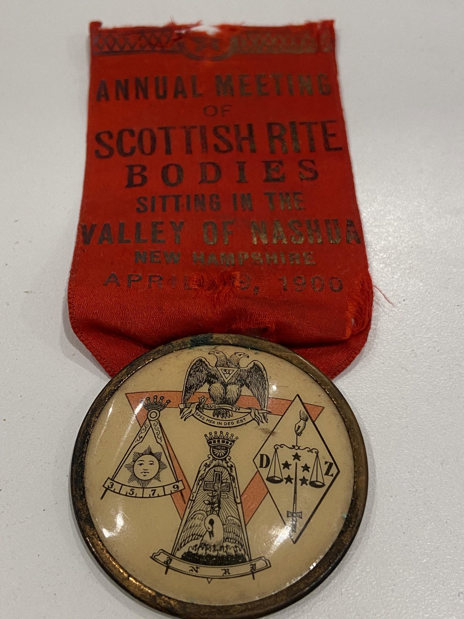 1900 SCOTTISH RITE BODIES MEDAL W/RIBBON: 1900 SCOTTISH RITE BODIES MEDAL W/RIBBON
