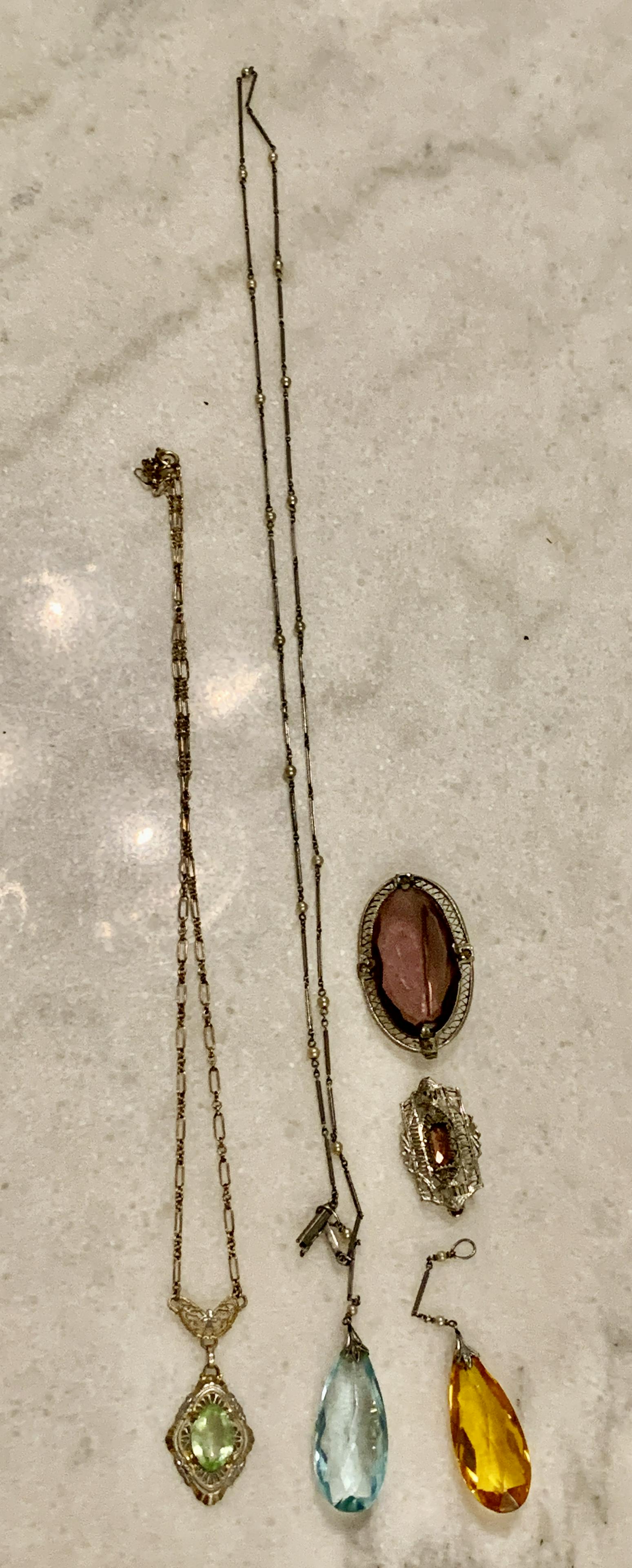ART DECO FILIGREE STERLING SILVER NECKLACES/BROOCHES: ART DECO FILIGREE STERLING SILVER NECKLACES/BROOCHES. IN GOOD OVERALL SHAPE AND CONDITION. SOLD AS A LOT. A GREAT FIND AND AN EXCELLENT ADDITION TO YOUR COLLECTION.