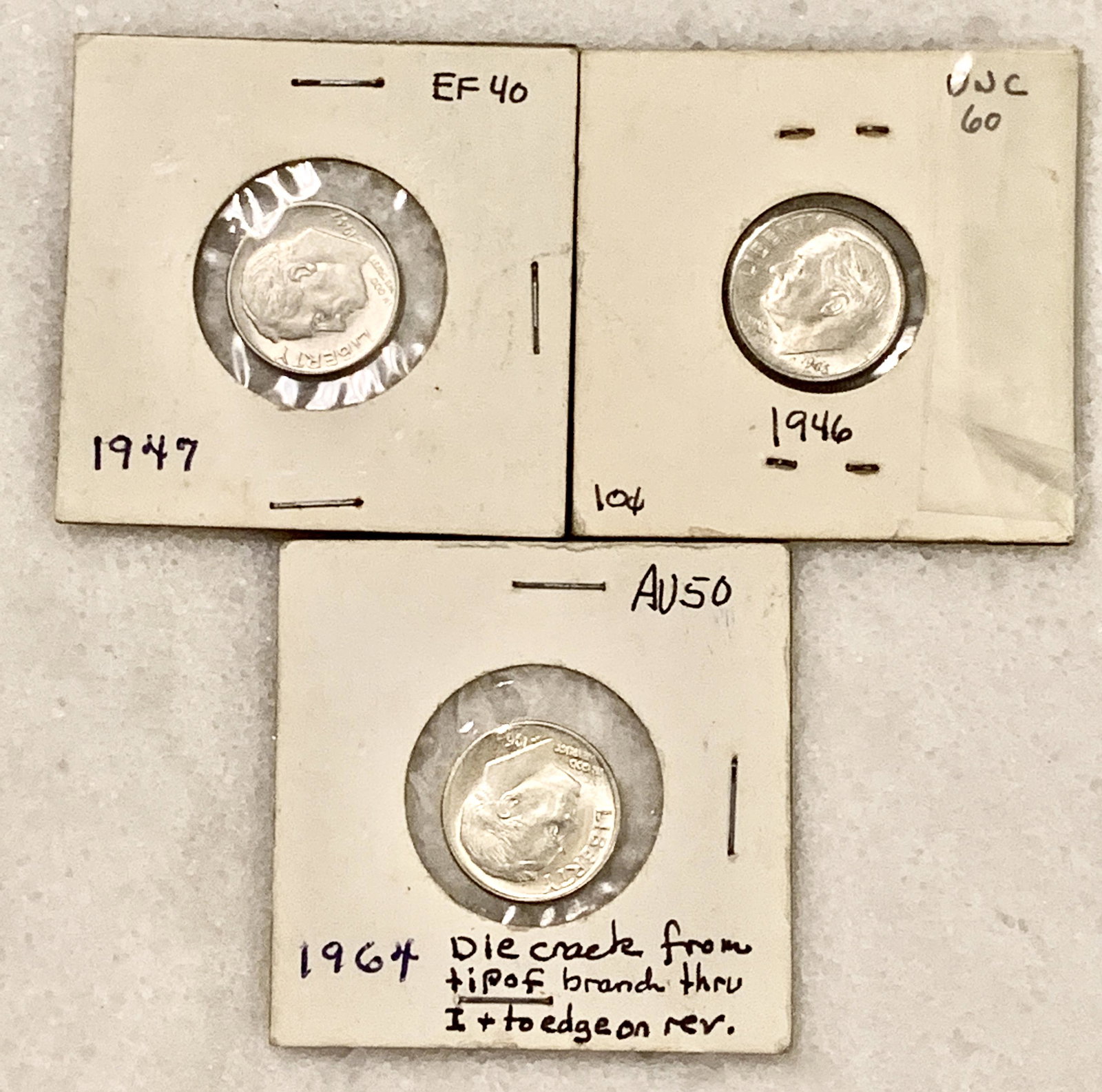 COLLECTION LOT OF (3) SILVER ROOSEVELT DIMES: COLLECTION LOT OF (3) SILVER ROOSEVELT DIMES. VARIOUS DATES. A GREAT FIND AND AN EXCELLENT ADDITION TO YOUR COLLECTION.