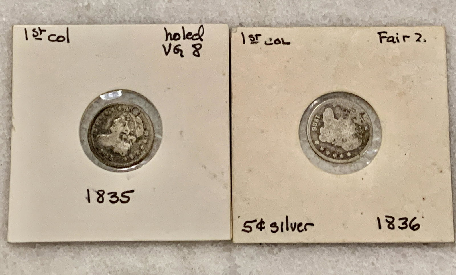 1836 & 1835 CAPPED BUST SILVER HALF DIMES: 1836 & 1835 CAPPED BUST SILVER HALF DIMES. IN MINT OVERALL SHAPE AND CONDITION. A GREAT FIND AND AN EXCELLENT ADDITION TO YOUR COLLECTION.