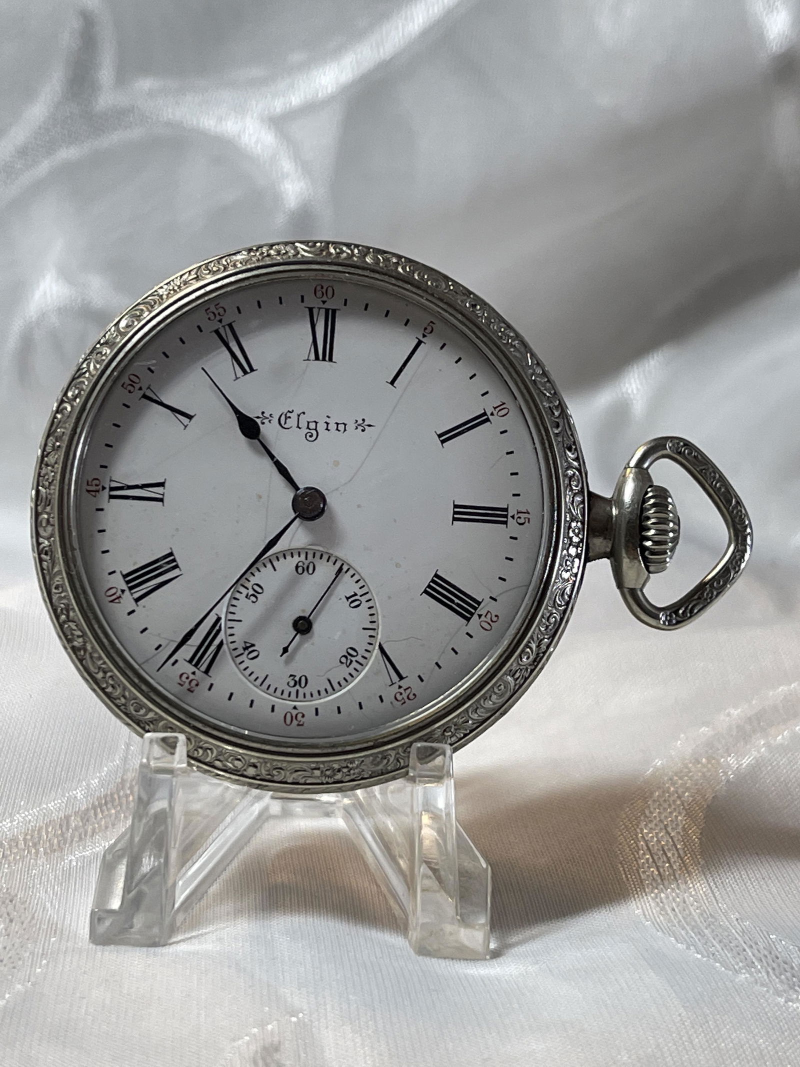 ELGIN RAILROAD TRAIN MOTIF SILVER POCKET WATCH (1 of 7)