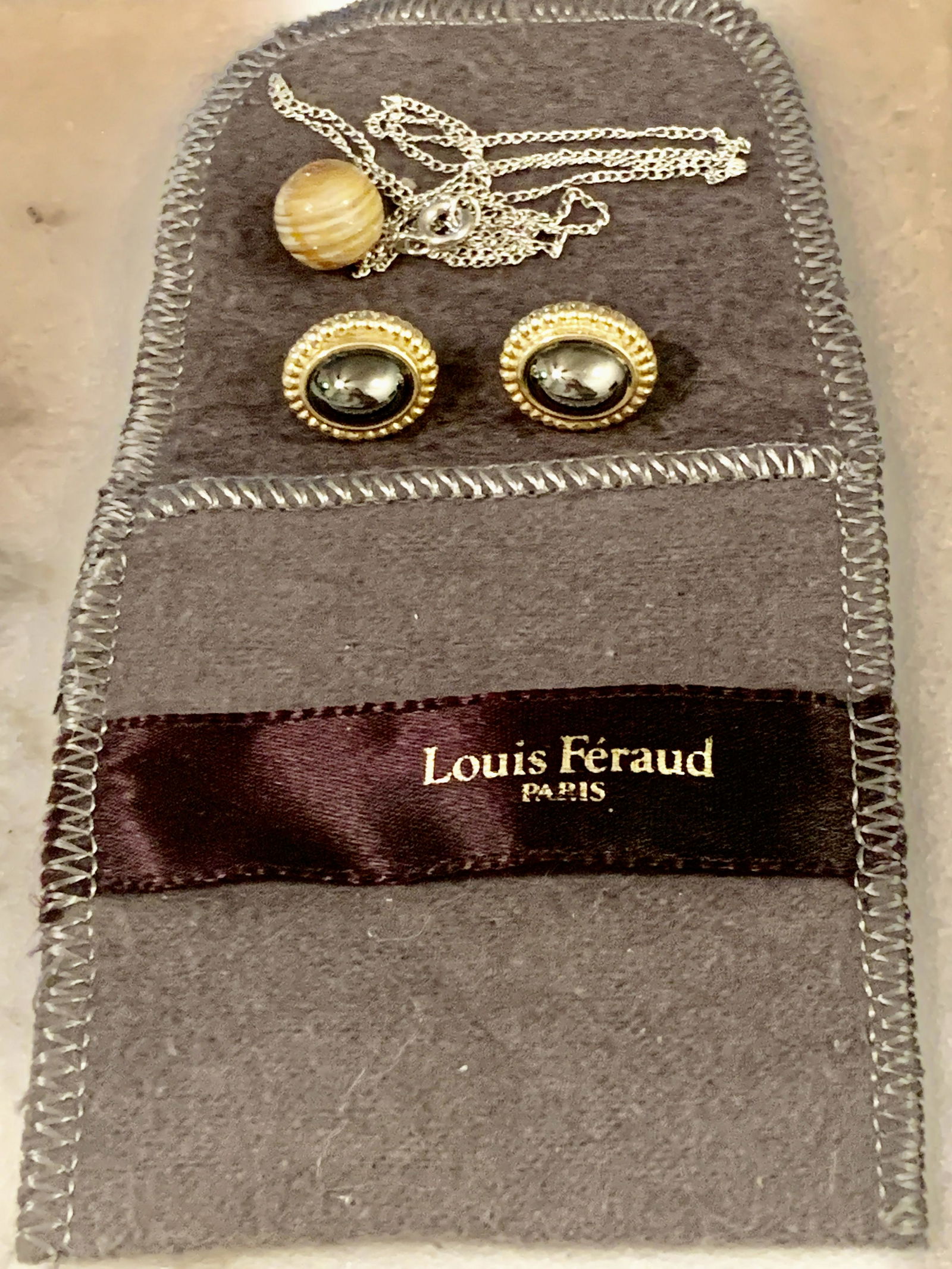 LOUIS FERAUD PARIS SET OF EARRINGS/NECKLACE: LOUIS FERAUD PARIS SET OF EARRINGS/NECKLACE. IN GOOD OVERALL SHAPE AND CONDITION. A GREAT FIND AND AN EXCELLENT ADDITION TO YOUR COLLECTION.
