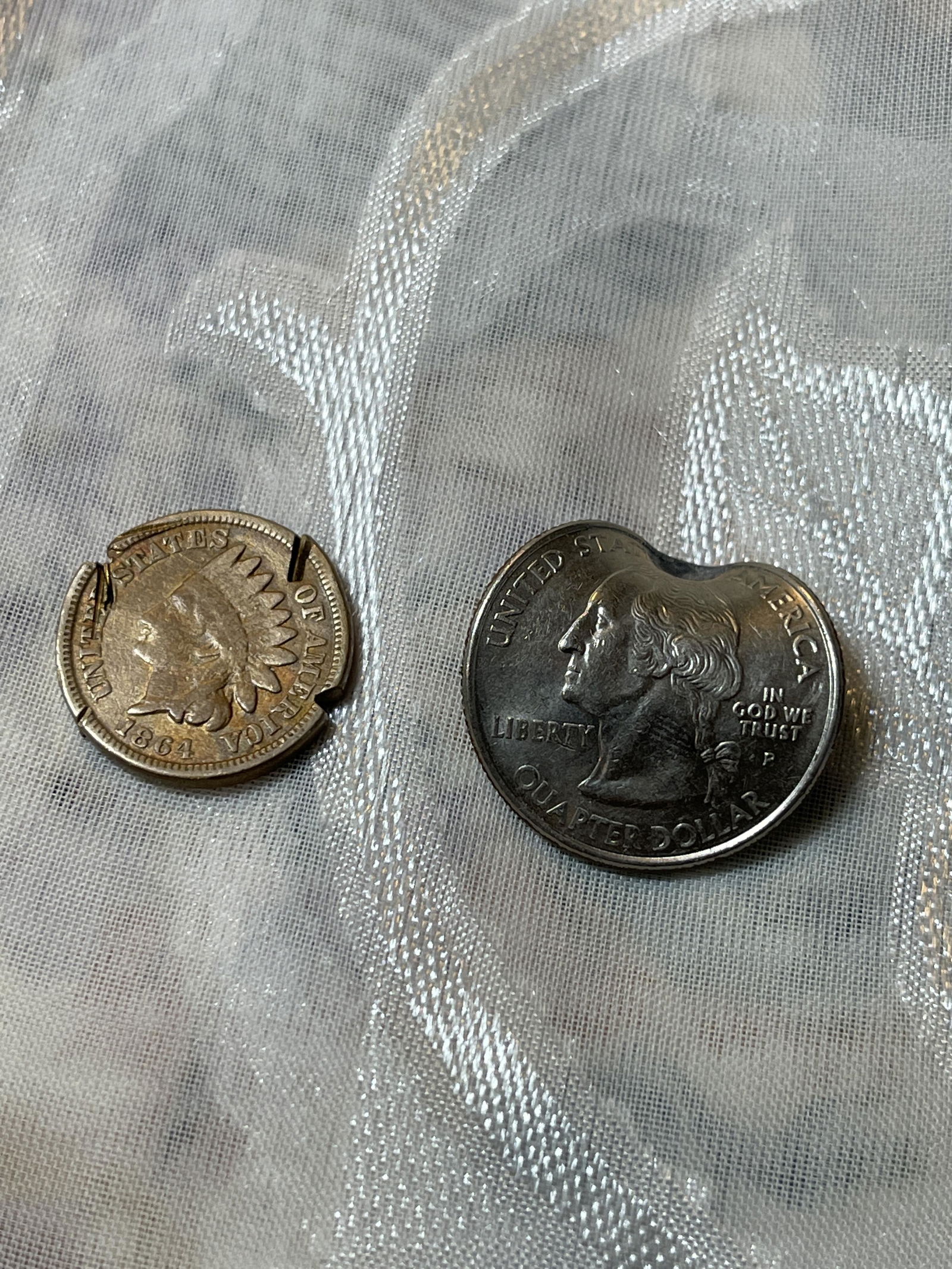 DAMAGED 1864 INDIAN HEAD PENNY AND 2001 QUARTER (1 of 4)