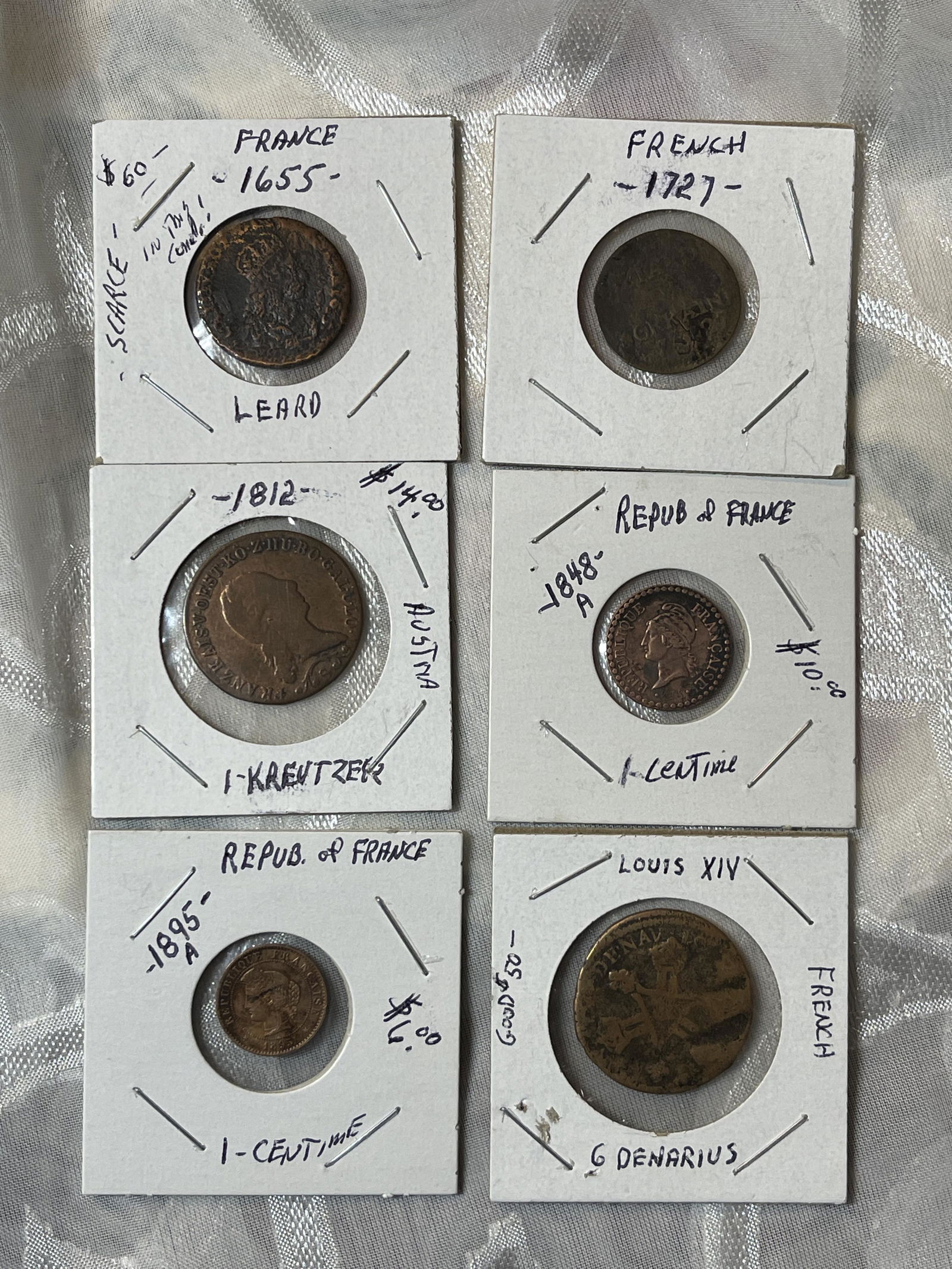 LOT OF (6) 1655, 1727, AND 1800s FRENCH COINS (1 of 6)