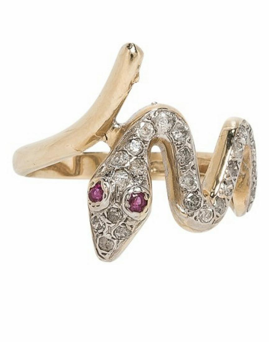 RARE 14K GOLD & DIAMOND SNAKE RING - RUBY EYES (1 of 4)