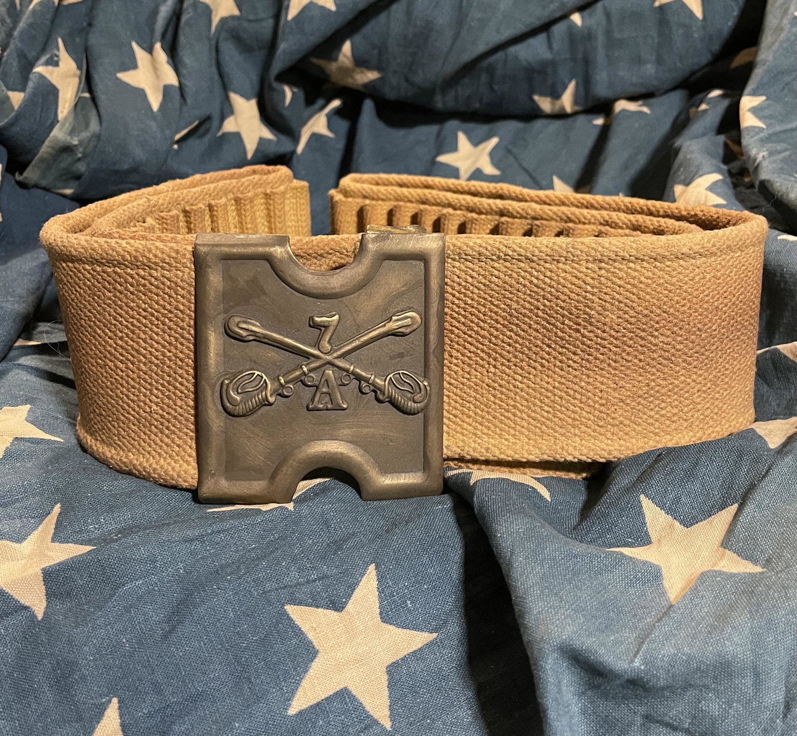 POST CIVIL WAR CAVALRY UNIT 7 CO. A CANVAS BELT: POST CIVIL WAR CAVALRY UNIT 7 CO. A CANVAS BELT. HAS MARKING 7C ON THE INSIDE. HAS A GREAT LOOK TO IT WITH AN EXCELLENT OVERALL EYE APPEAL. A GREAT FIND AND AN EXCELLENT ADDITION TO YOUR COLLECTION.