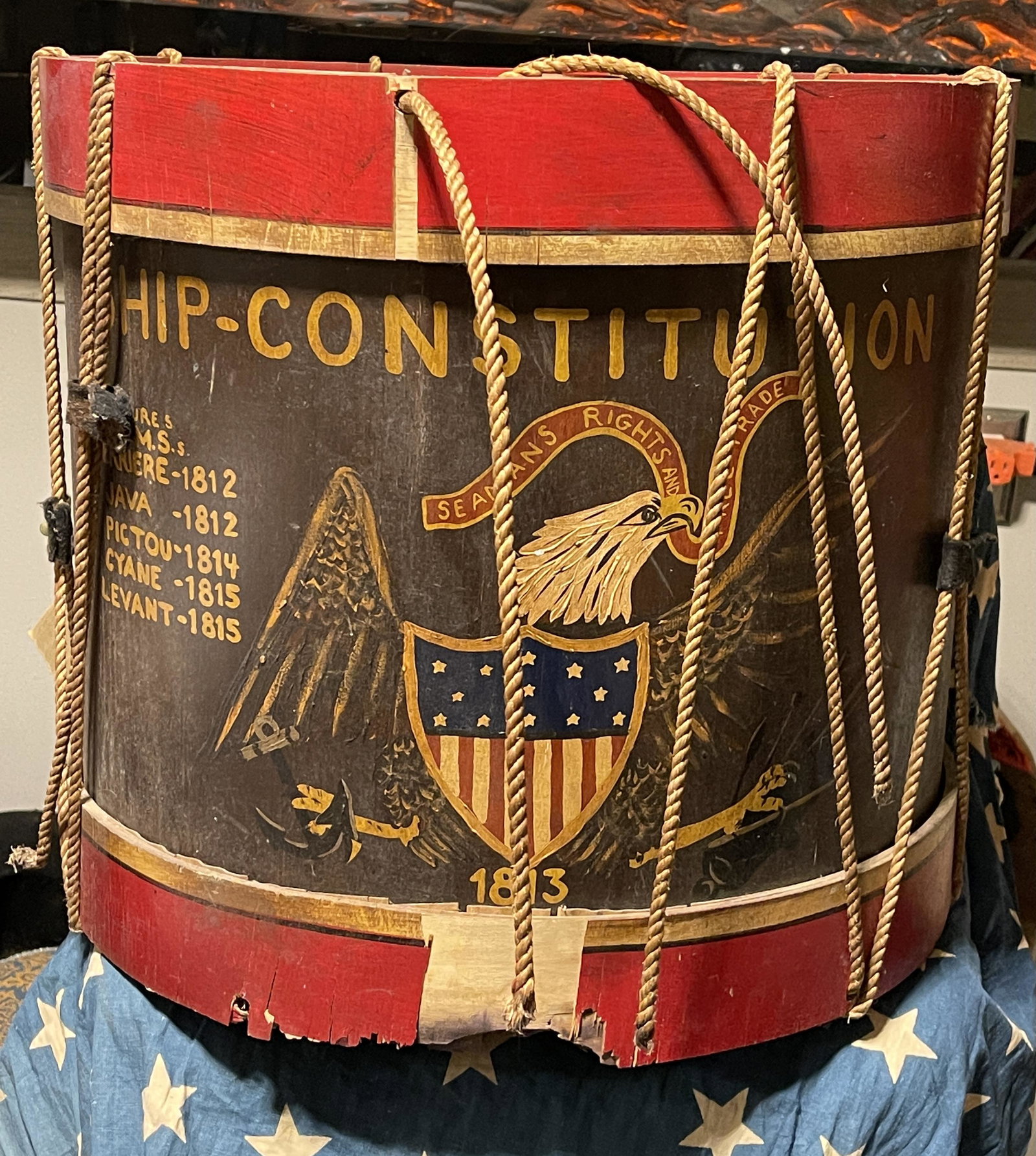 RARE CIVIL WAR ERA TYPE FIELD DRUM: RARE CIVIL WAR ERA TYPE FIELD DRUM. THIS IS AN OLDER DRUM IN GOOD SHAPE AND OVERALL CONDITION IN RESPECT TO THE AGE. DOES SHOW HEAVY WEAR ON THE TOP PART. BEAUTIFUL HAND-PAINTED EAGLE DESIGN WITH A NI