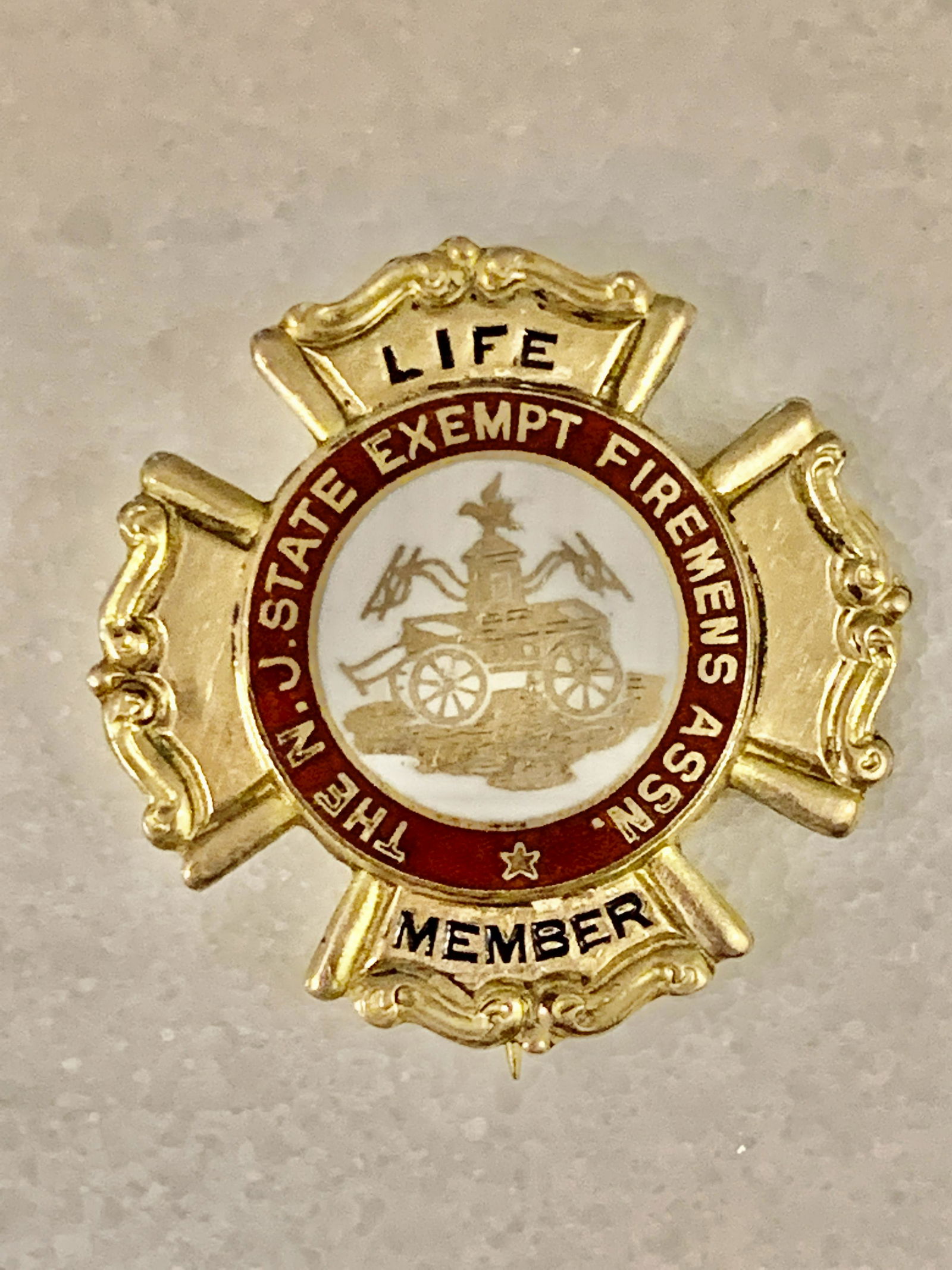 ANTIQUE LIFE MEMBER N.J. FIREMAN ASSN. MEDAL PIN (1 of 2)