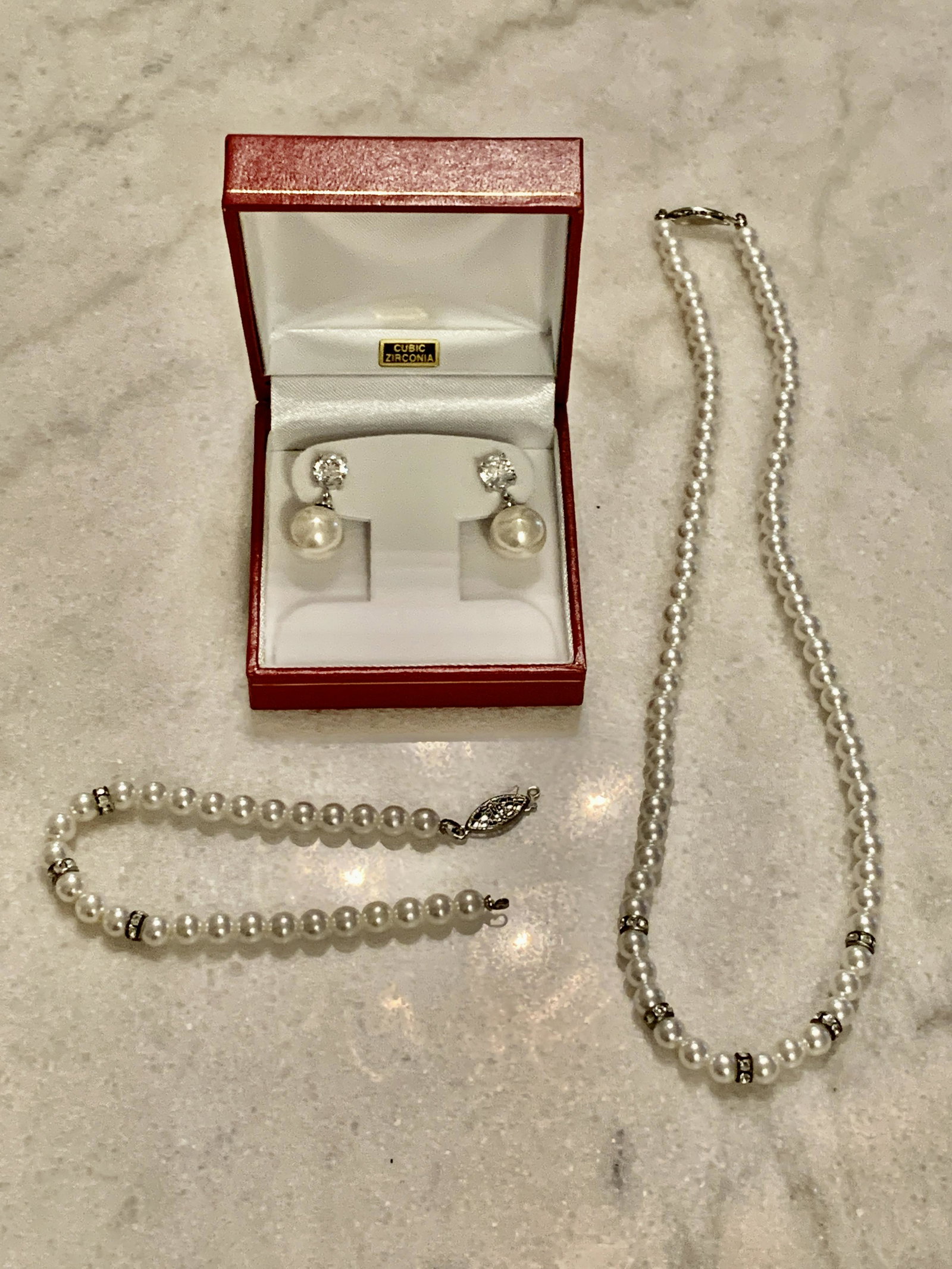STERLING SILVER NECKLACE, EARRINGS, BRACELET PEARLS SET (1 of 5)