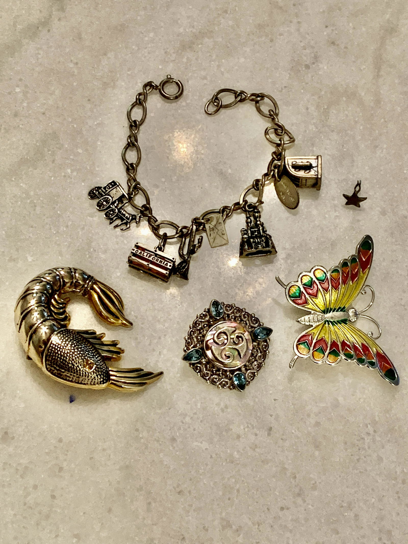 HIGH GRADE STERLING SILVER LOT OF BROOCHES & CHARM: HIGH GRADE STERLING SILVER LOT OF BROOCHES & CHARM BRACELET. IN GOOD OVERALL SHAPE AND CONDITION. SOLD AS A LOT! ALL FOR ONE MONEY! A GREAT FIND.