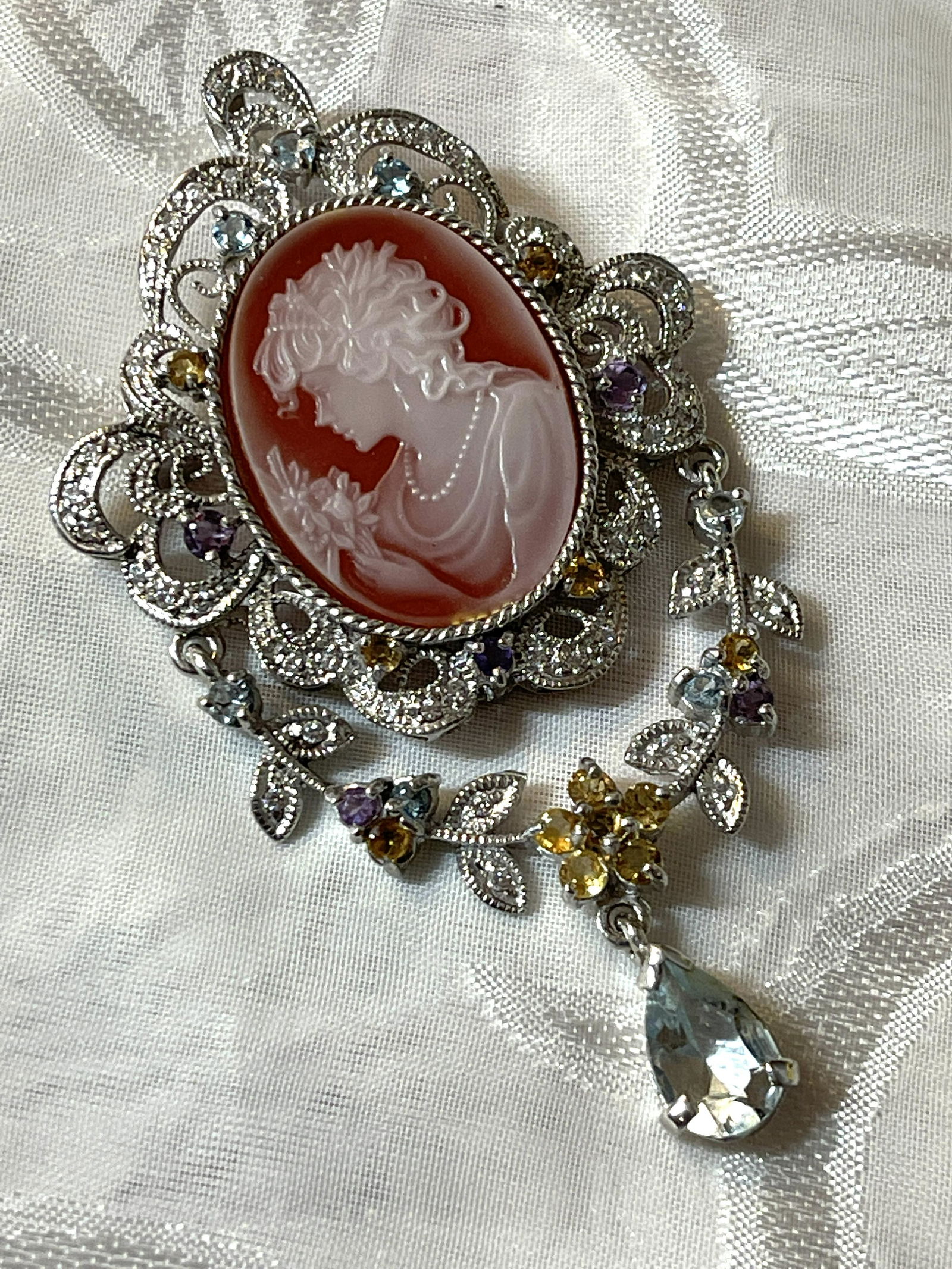STERLING 3 TCW MULTI-GEMSTONE CAMEO PENDANT BROOCH (1 of 6)
