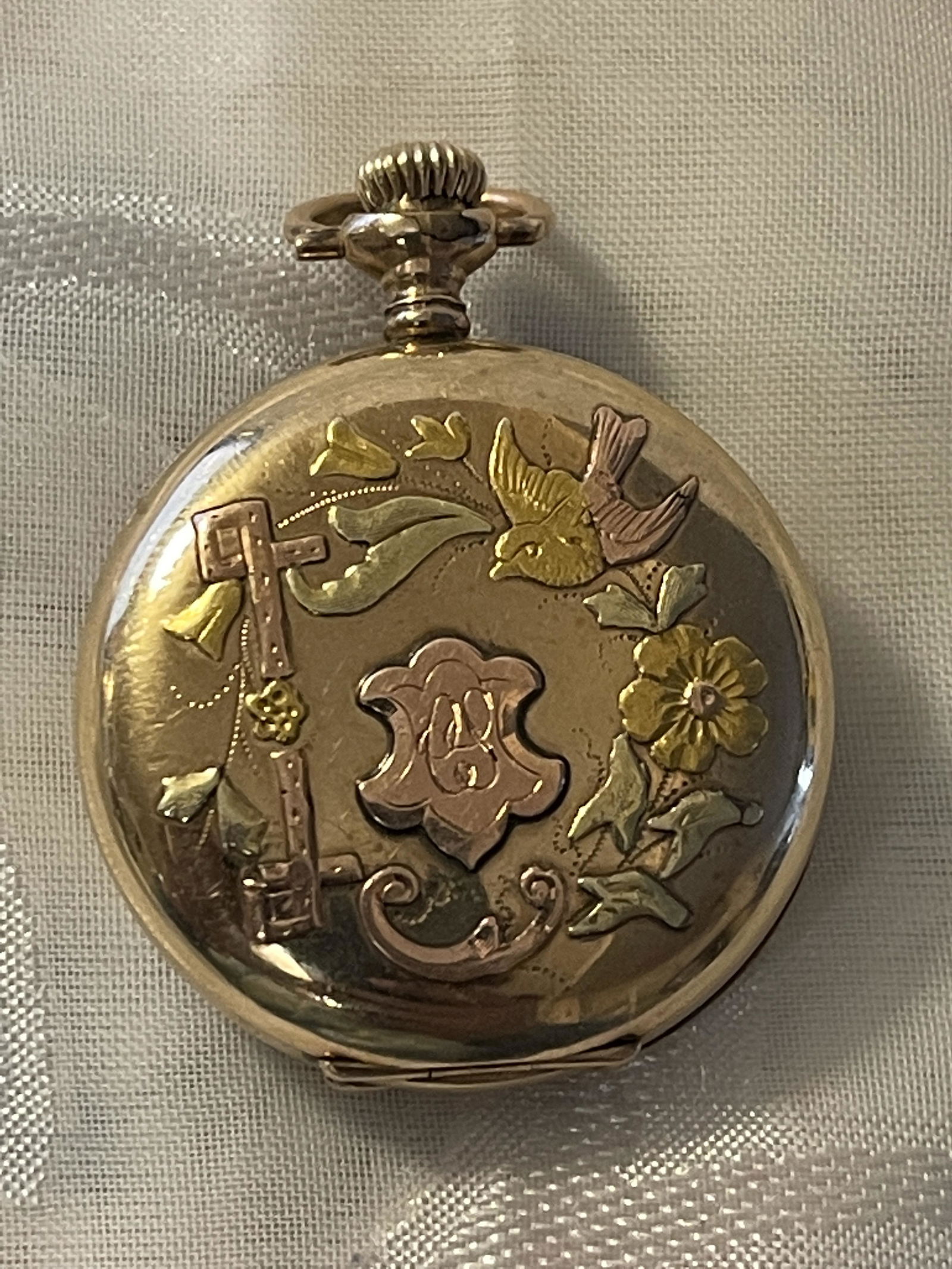 ELGIN LADIES DIAMOND TRI COLOR GOLD POCKET WATCH (1 of 11)