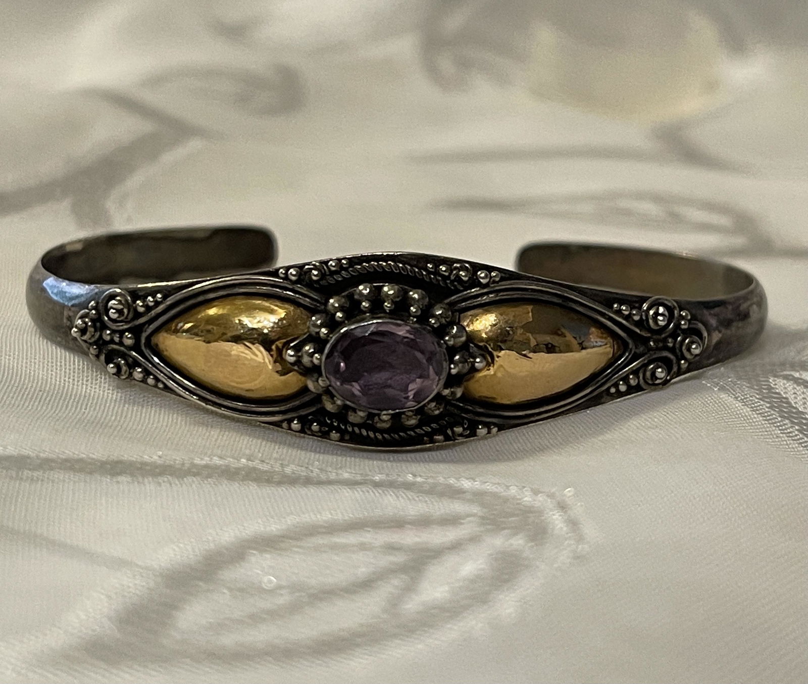 ANTIQUE STERLING 14K GOLD AMETHYST CUFF BANGLE BRACELET (1 of 3)