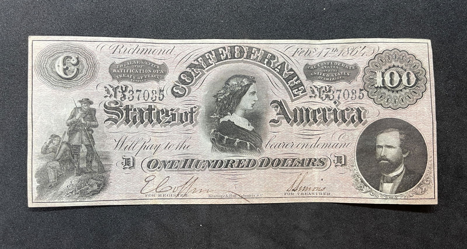 CIVL WAR 1864 $100 CONFEDERATE CURRENCY BILL NOTE (1 of 2)