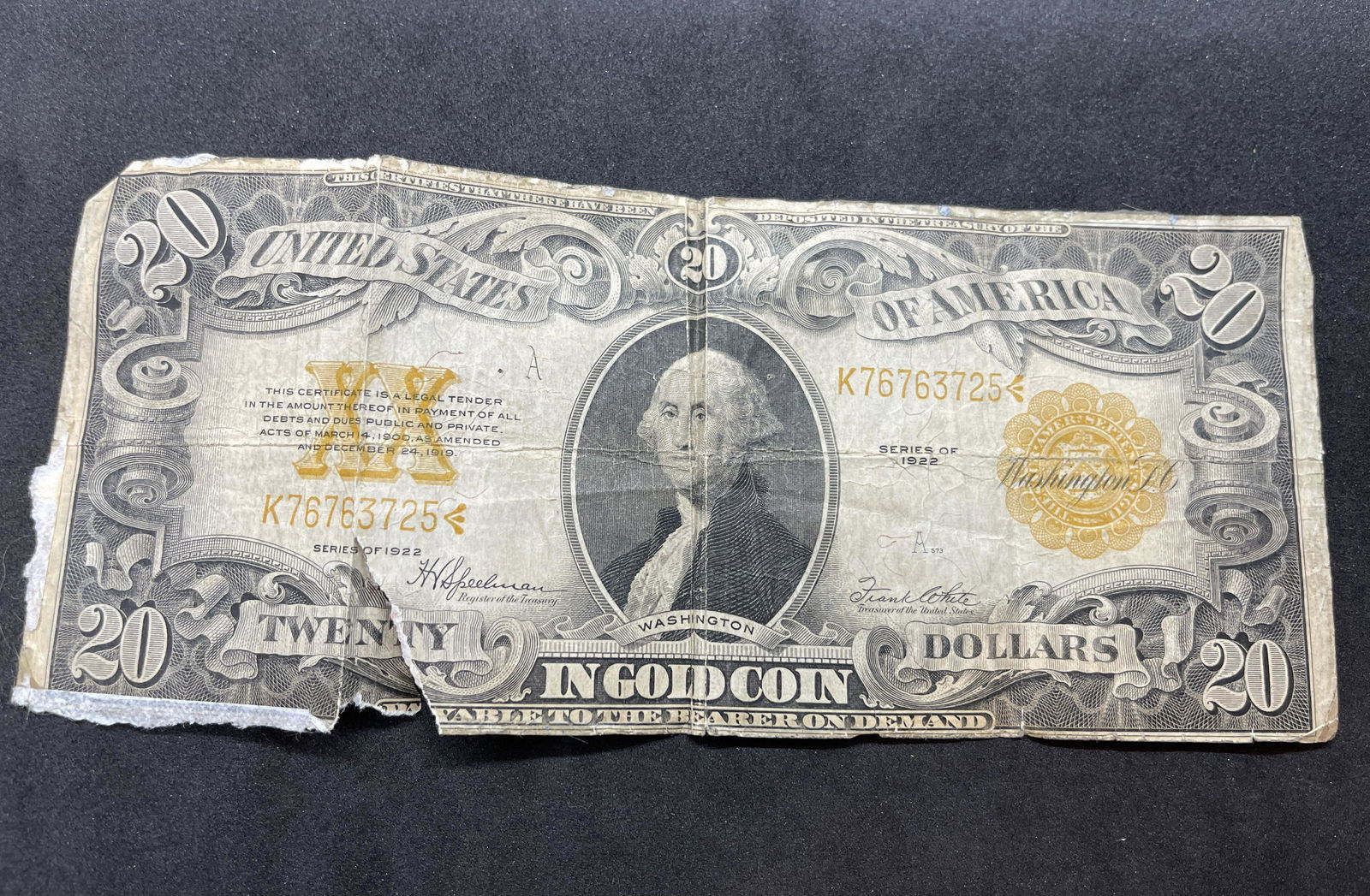 RARE 1922 $20 GOLD CERTIFICATE CURRENCY BILL NOTE (1 of 2)