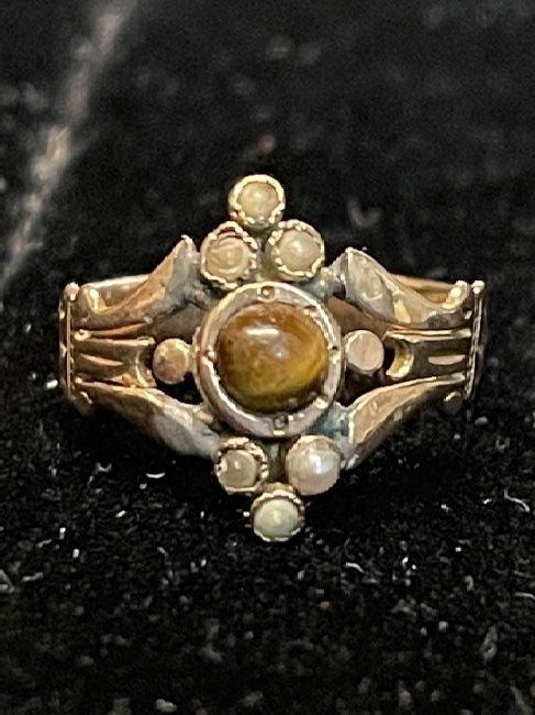 VICTORIAN 14K GOLD TIGER EYE & PEARLS COCKTAIL RING (1 of 4)