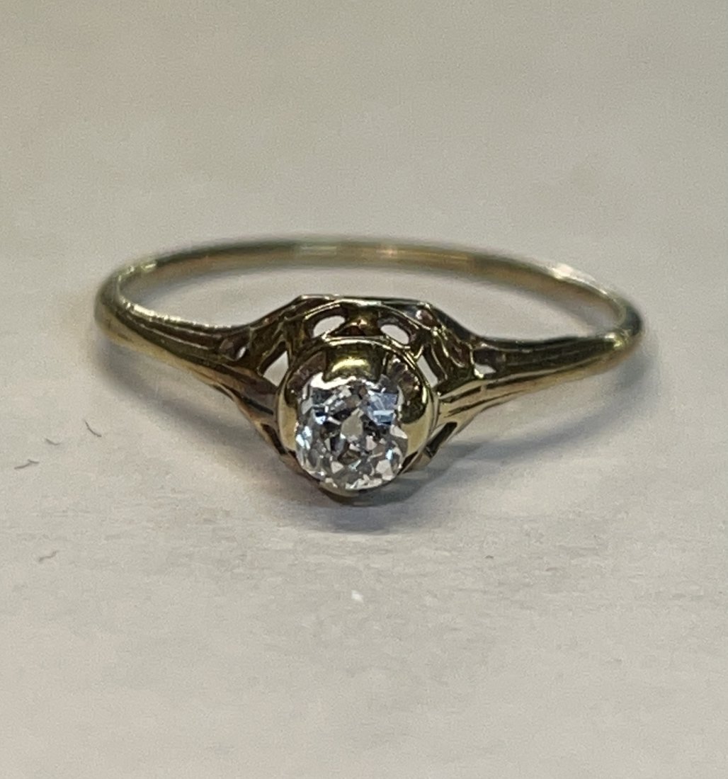 ART DECO 14K GOLD 1/4 CT MINE CUT VS1, G DIAMOND RING (1 of 4)