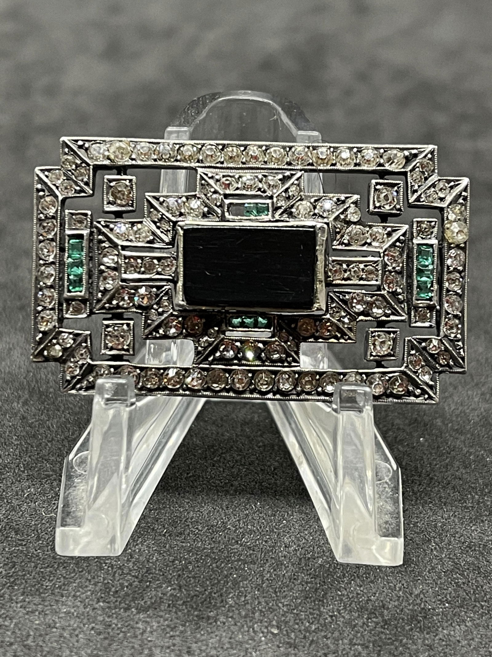 ART DECO STERLING SILVER ONYX & GREEN STONES BROOCH (1 of 3)