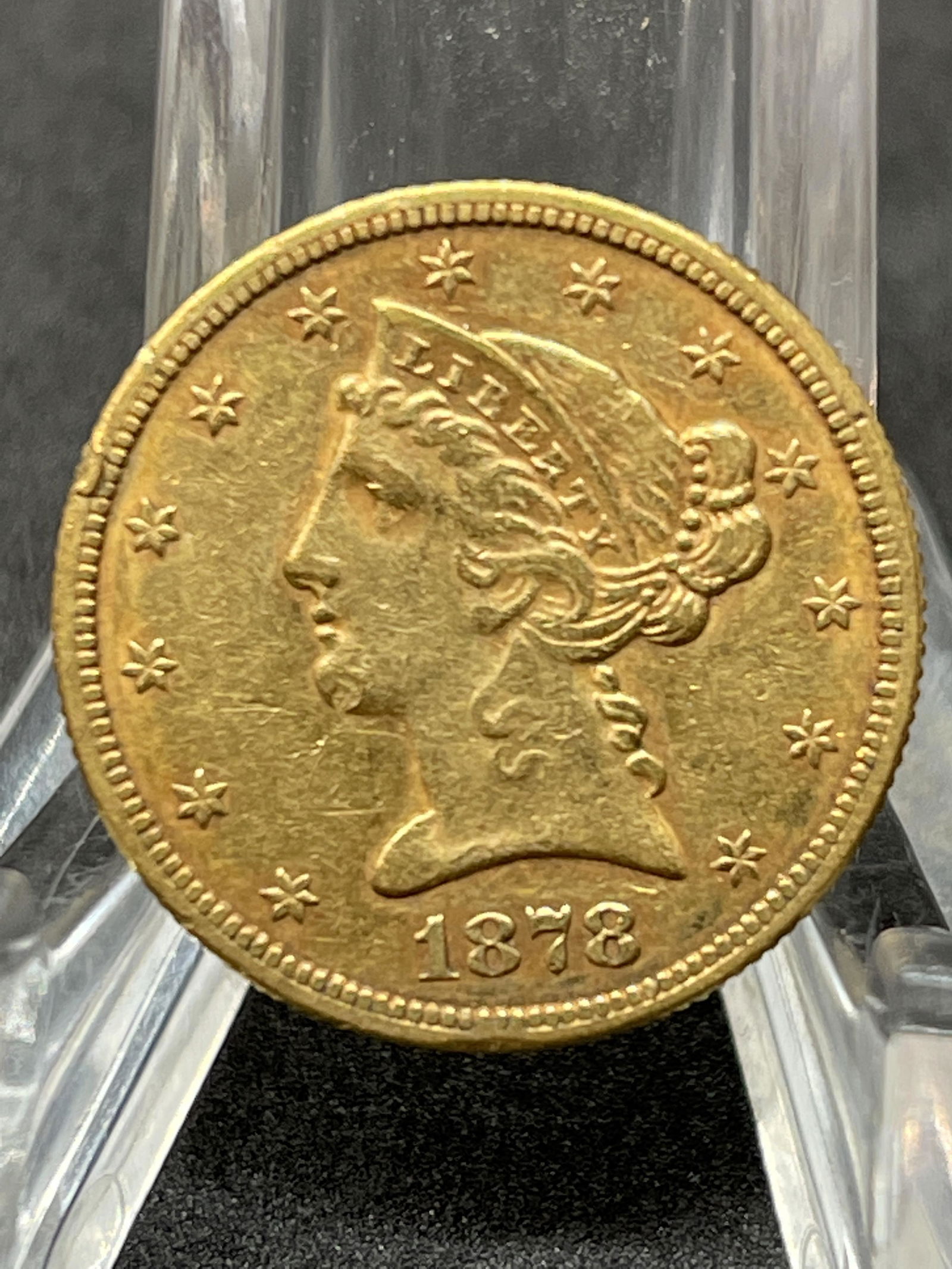 AU 1878-S $5 LIBERTY HEAD GOLD HALF EAGLE COIN (1 of 2)