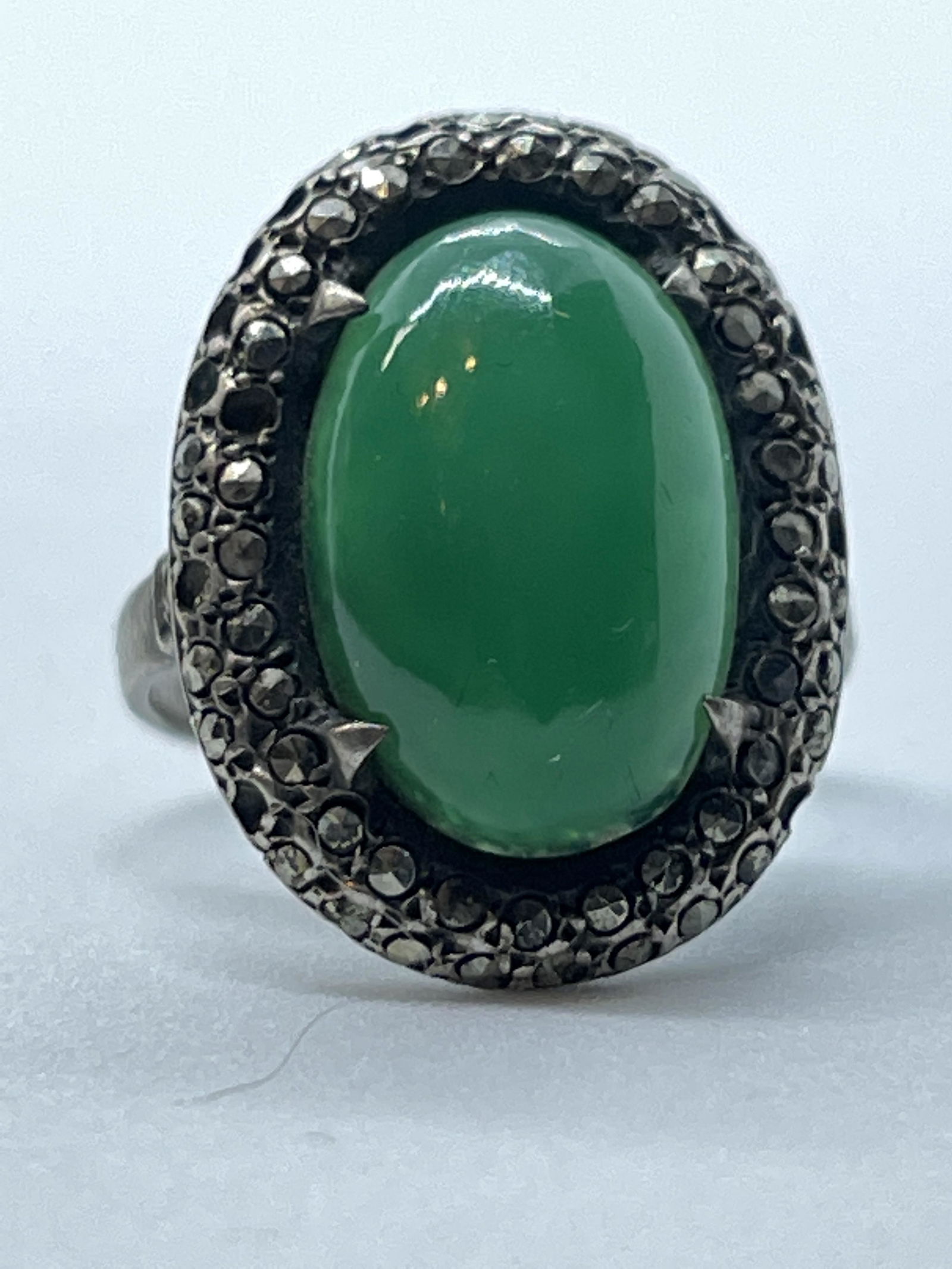 ART DECO STERLING SILVER JADE/RHINESTONES COCKTAIL RING (1 of 2)