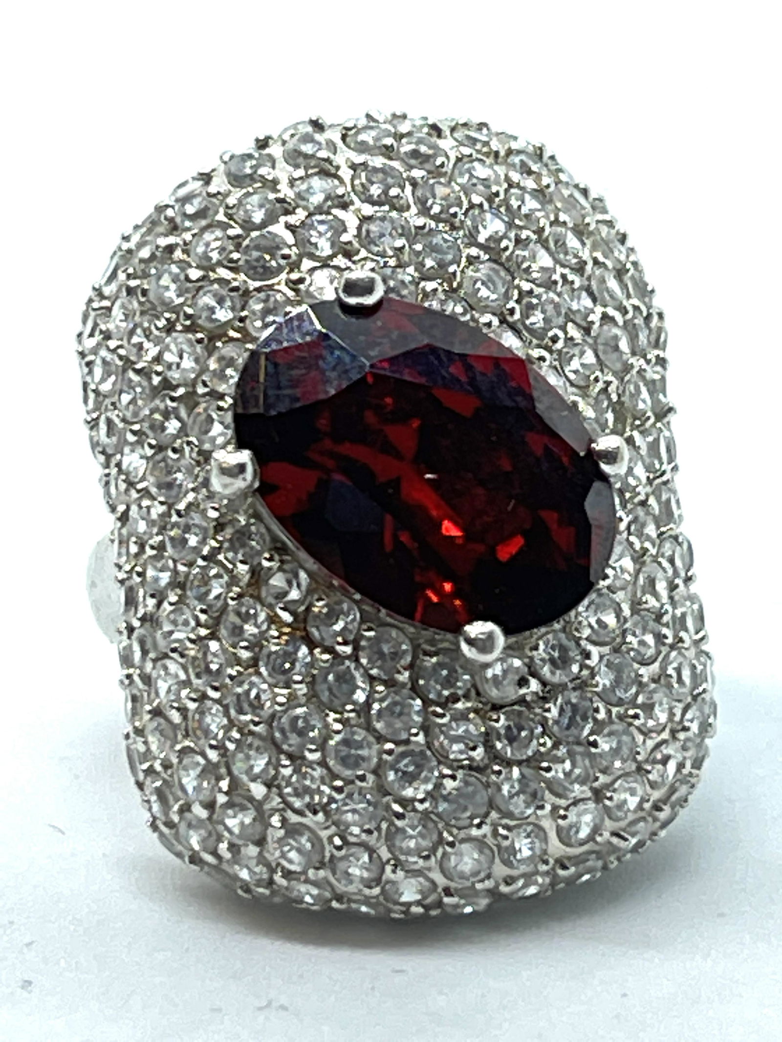 STERLING SILVER RED GARNET & CRYSTALS COCKTAIL RING (1 of 3)