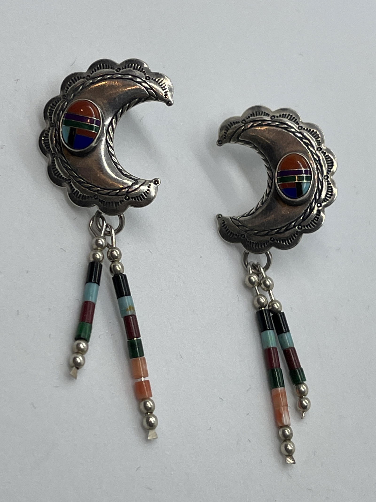SIGNED NATIVE AMERICAN MULTI-GEMSTONE DANGLE EARRINGS (1 of 3)