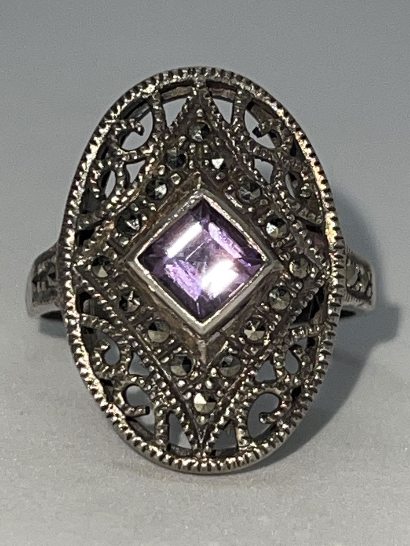 ART DECO STERLING SILVER 0.50 CT AMETHYST FILIGREE RING (1 of 3)