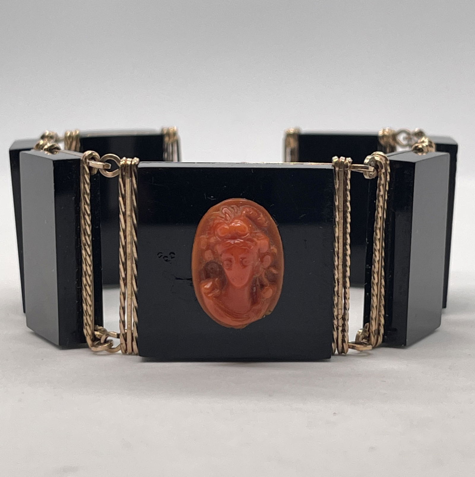 VICTORIAN GOLD FILLED ONYX CORAL CAMEO BRACELET (1 of 4)