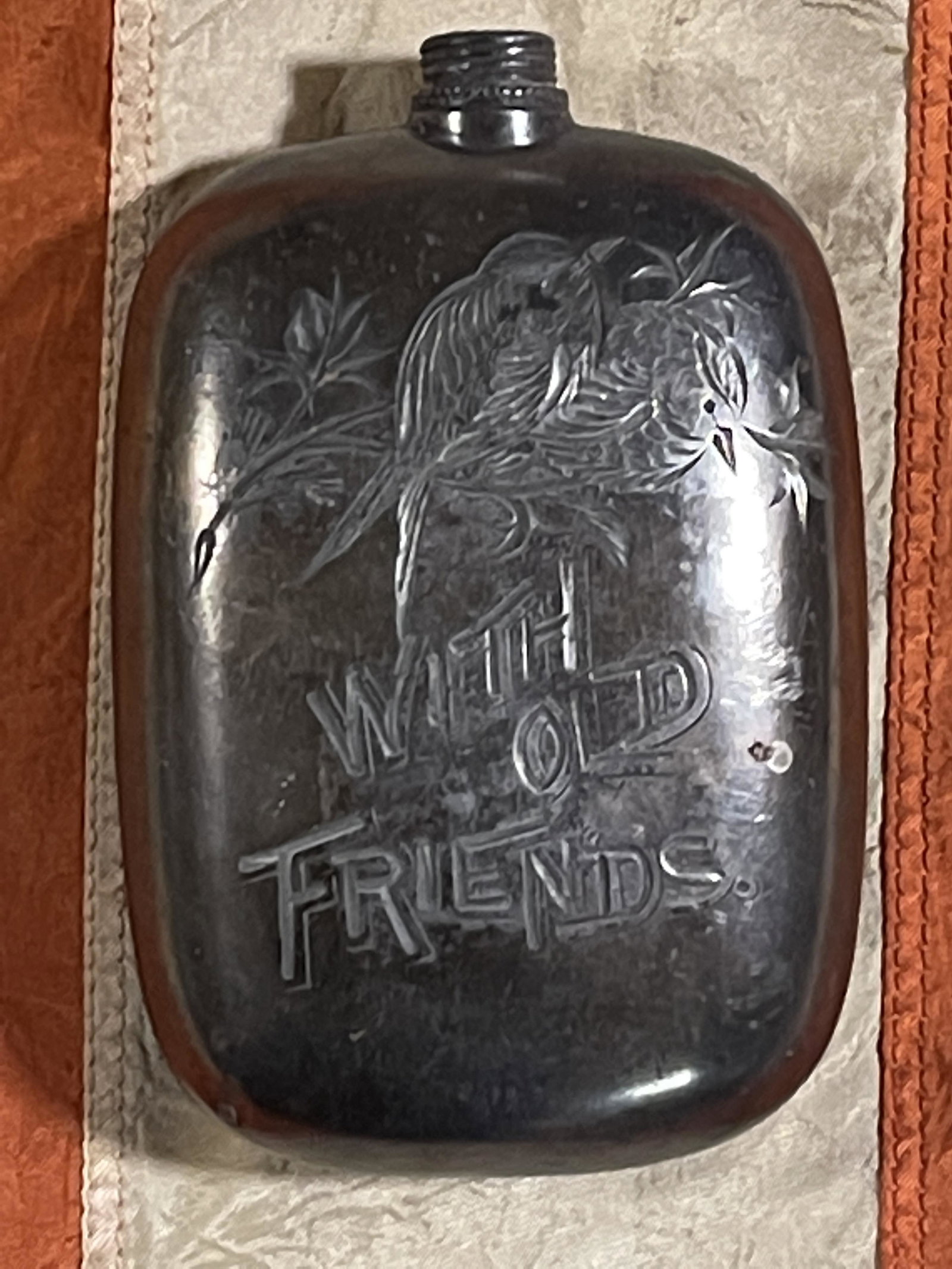 RARE CIVIL WAR WARRIOR FLASK - WITH OLD FRIENDS: RARE CIVIL WAR WARRIOR FLASK - WITH OLD FRIENDS ENGRAVED. IN MINT OVERALL SHAPE AND CONDITION WITH A BEAUTIFUL OVERALL PATINA. A GREAT FIND.