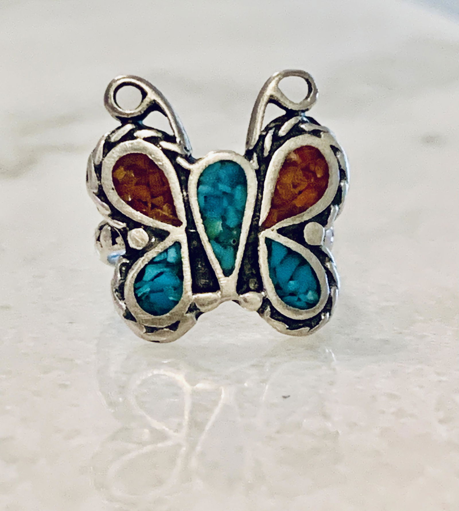 STERLING SILVER BUTTERFLY MOTIF TURQUOISE CORAL RING SZ (1 of 4)