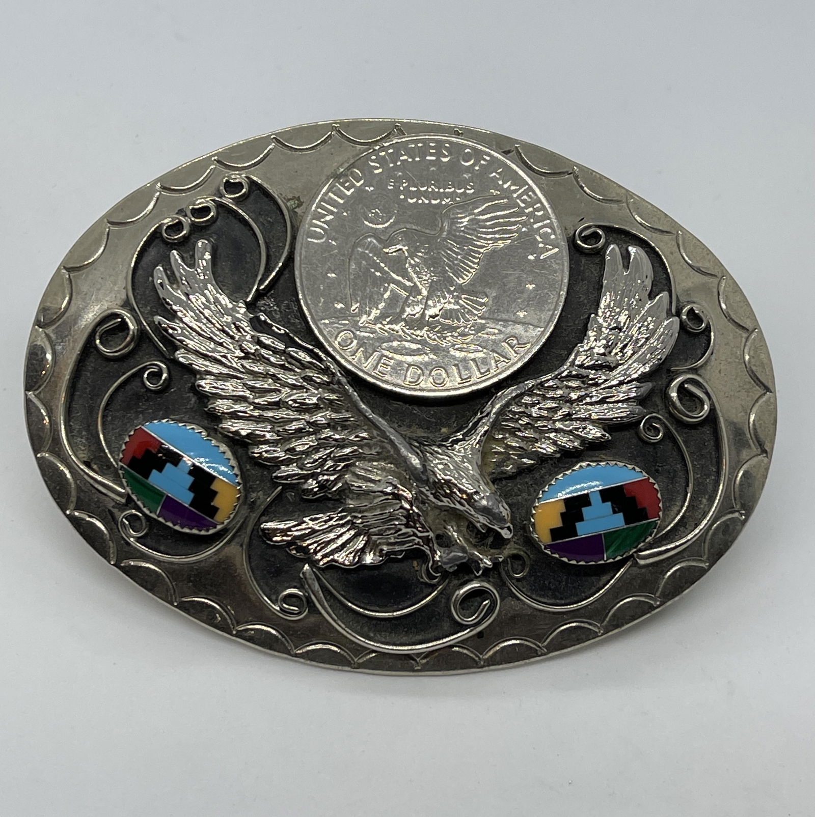 NATIVE AMERICAN TURQUOISE EAGLE MOTIF BELT BUCKLE (1 of 5)