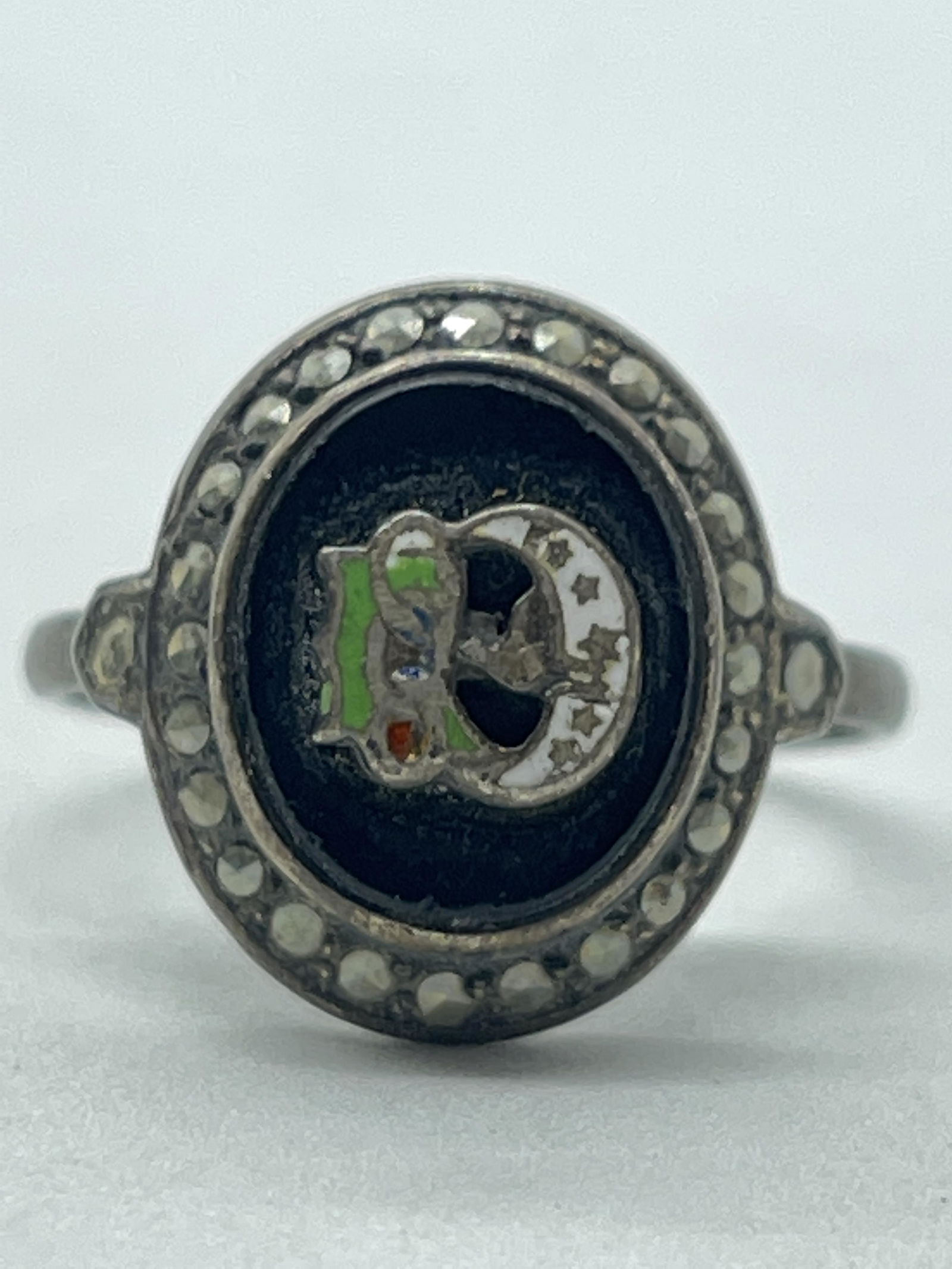 ART DECO STERLING ONYX ENAMEL RHINESTONES RING SZ 7.25 (1 of 2)
