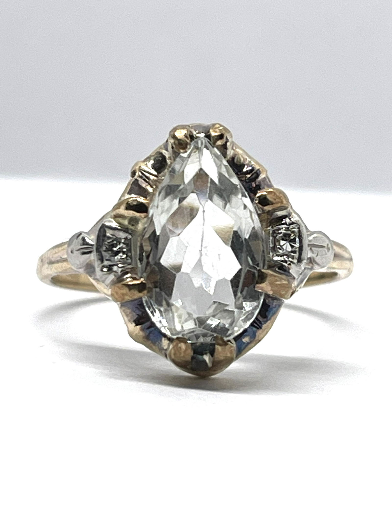 ART DECO 10K GOLD 3 CT AQUAMARINE & DIAMOND RING (1 of 3)