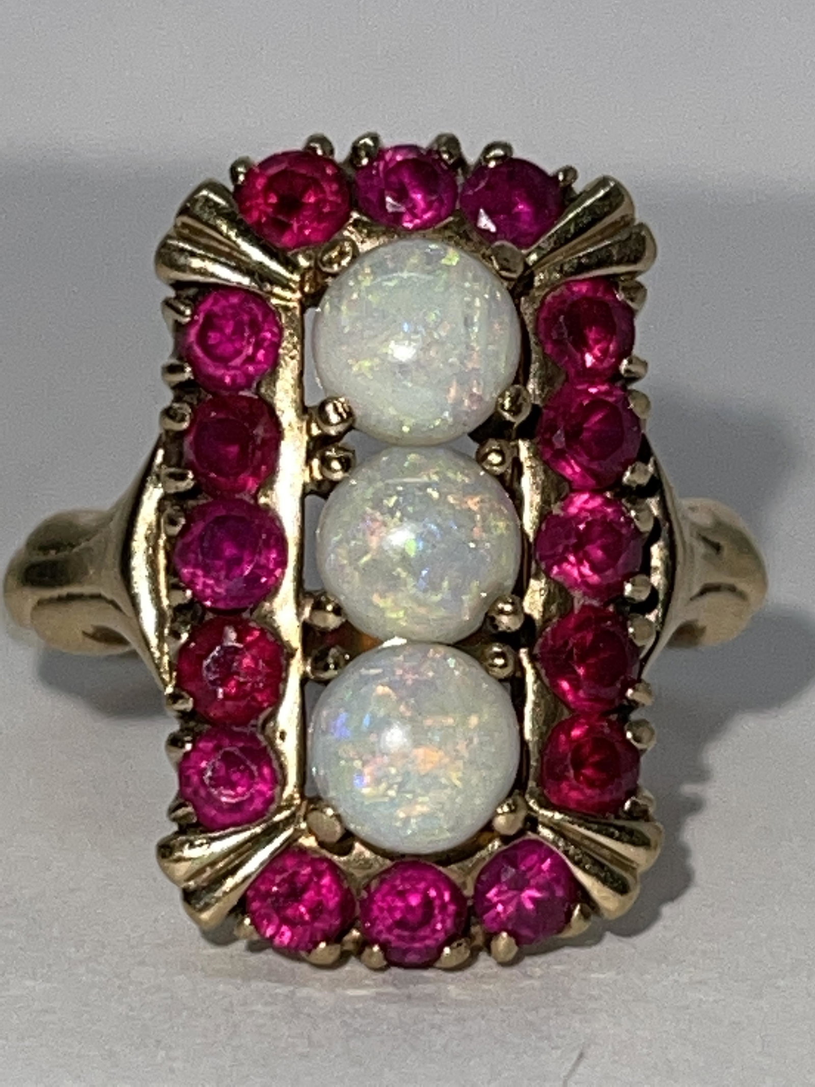 VICTORIAN 10K GOLD 1.25 TCW OPAL & RUBY RING SZ6, 5 (1 of 4)
