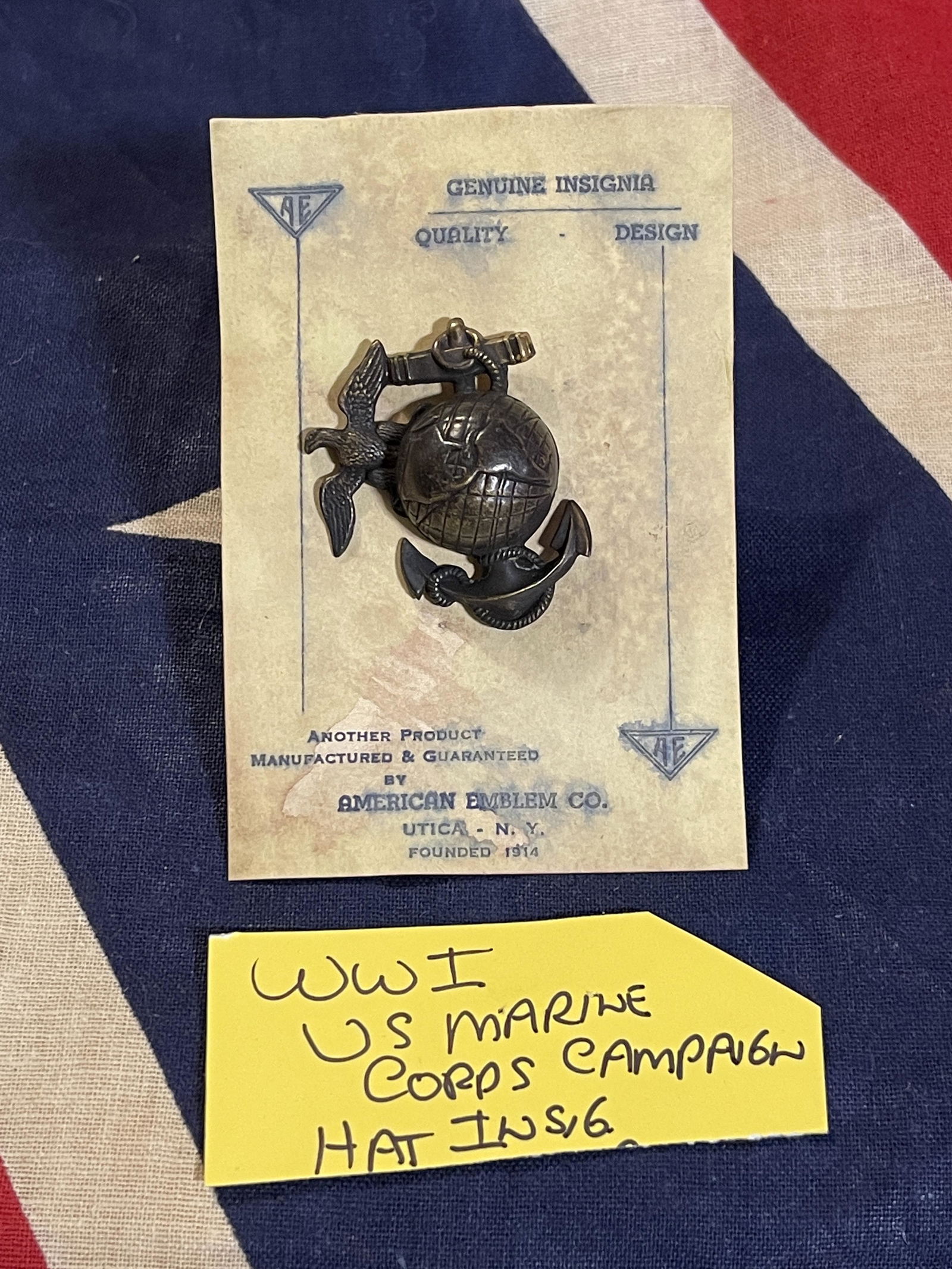 WW1 US MARINE CORPS CAMPAIGN HAT INSIGNIA: WW1 US MARINE CORPS CAMPAIGN HAT INSIGNIA. IN EXCELLENT MINT OVERALL SHAPE AND CONDITION. PLEASE VIEW ALL DETAILED PICTURES. A GREAT FIND AND AN EXCELLENT ADDITION TO YOUR COLLECTION.