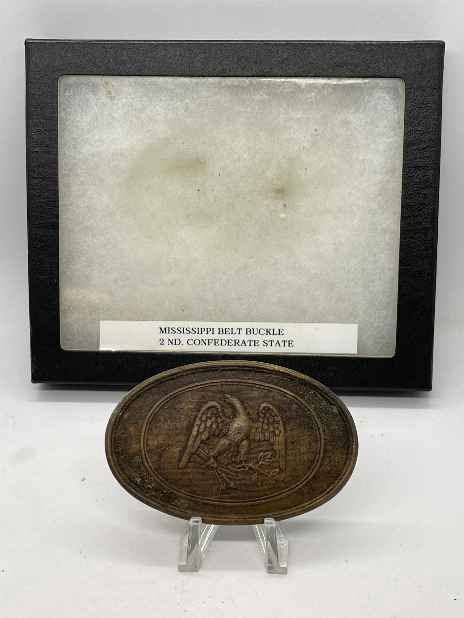 1862 CIVIL WAR MISSISSIPPI CONFEDERATE BELT BUCKLE -: DATED 1862 CIVIL WAR CONFEDERATE MISSISSIPPI BELT BUCKLE - 2ND CONFEDERATE STATE. THIS IS A RARE FIND. IT IS IN MINT OVERALL SHAPE AND CONDITION WITH A BEAUTIFUL OVERALL PATINA. HAS A GREAT LOOK TO IT