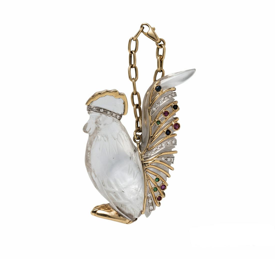 18K GOLD MOUNTED ROCK CRYSTAL ROOSTER WITH GEMSTONES (1 of 3)