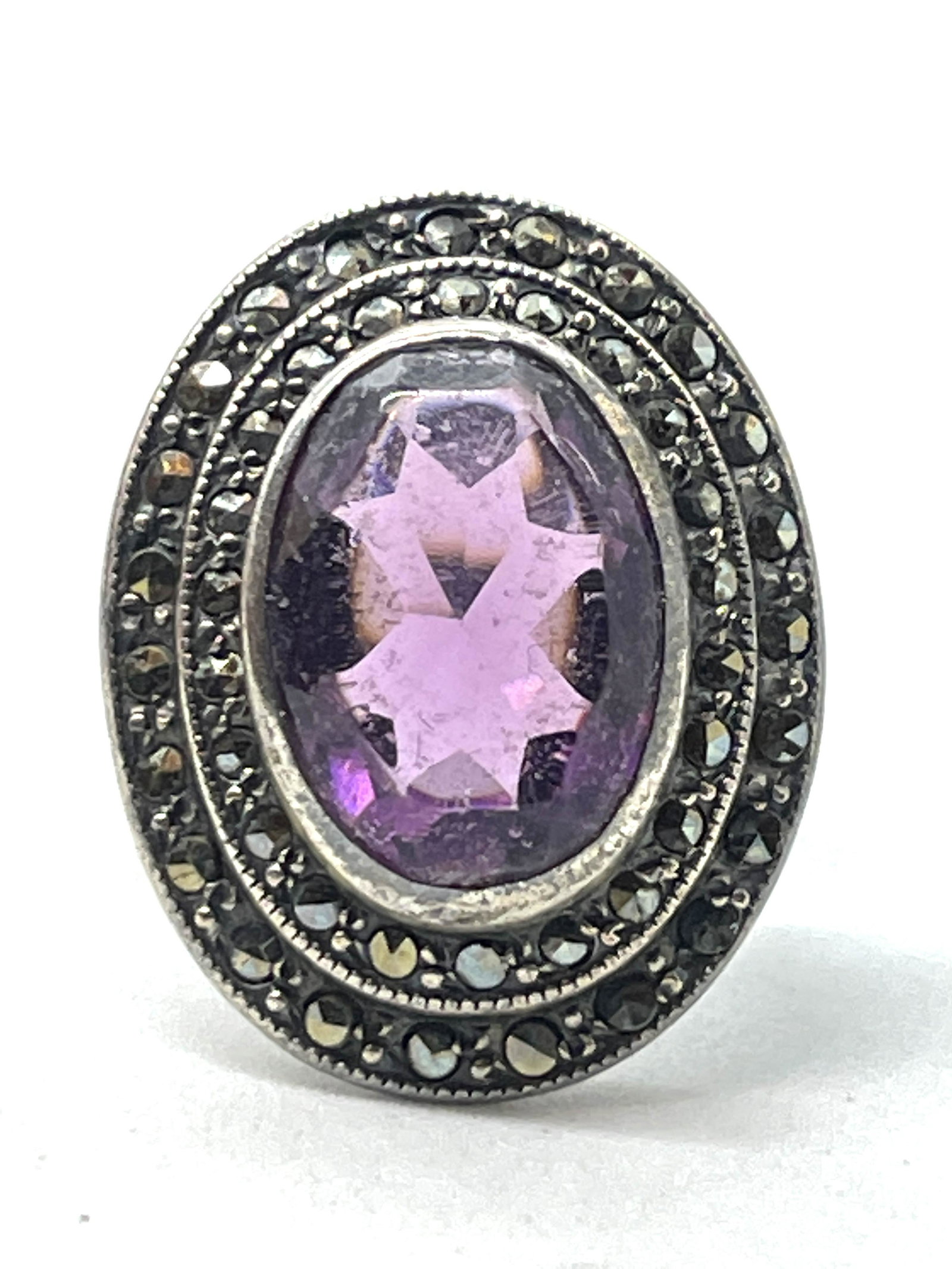 ART DECO STERLING UNCAS AMETHYST MARCASITE RING SZ 5.5 (1 of 3)