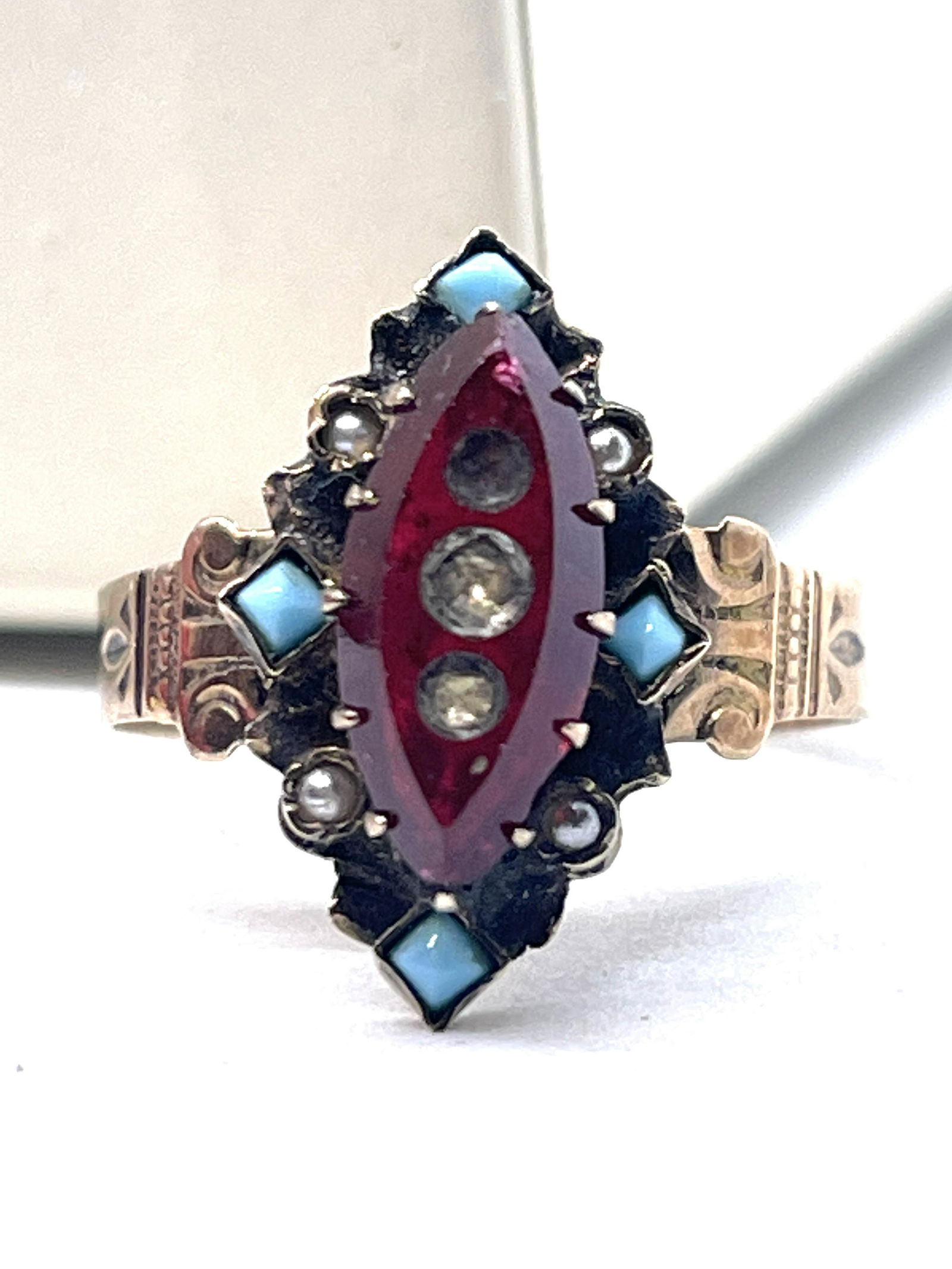 VICTORIAN 14K GOLD TURQUOISE, PEARL & RED STONE RING SZ (1 of 3)