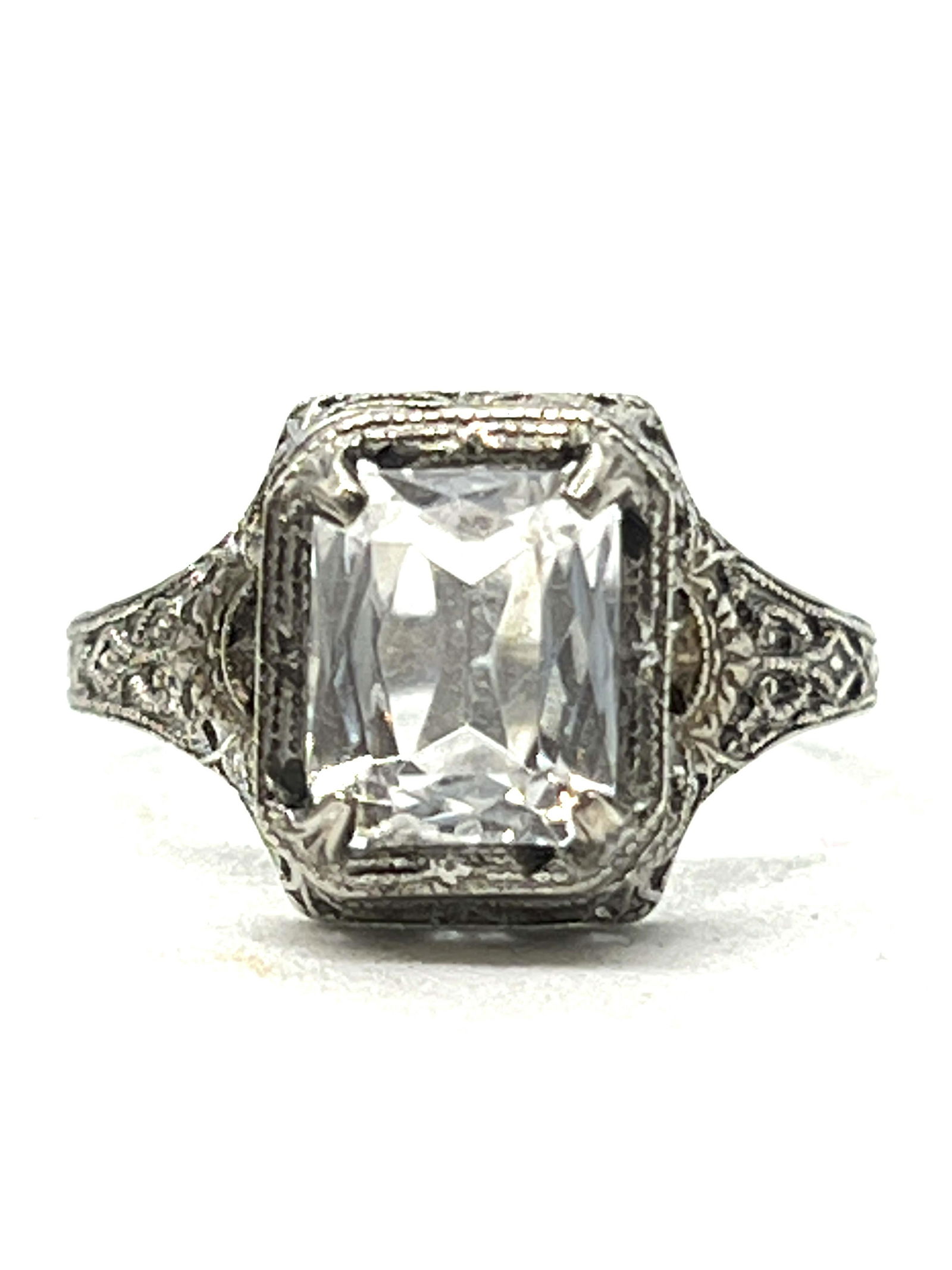 ART DECO STERLING SILVER 1 CT CRYSTAL FILIGREE RING SZ (1 of 3)