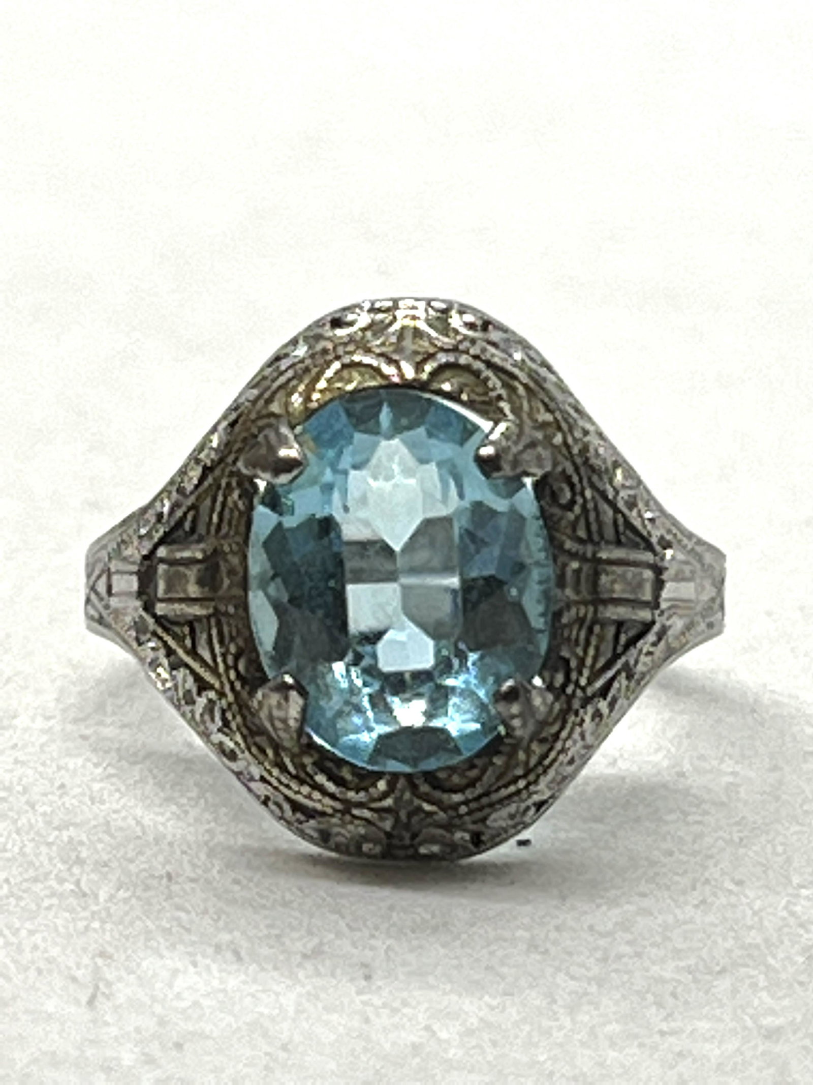 ART DECO STERLING 1.5 CT BLUE STONE FILIGREE RING SZ (1 of 3)
