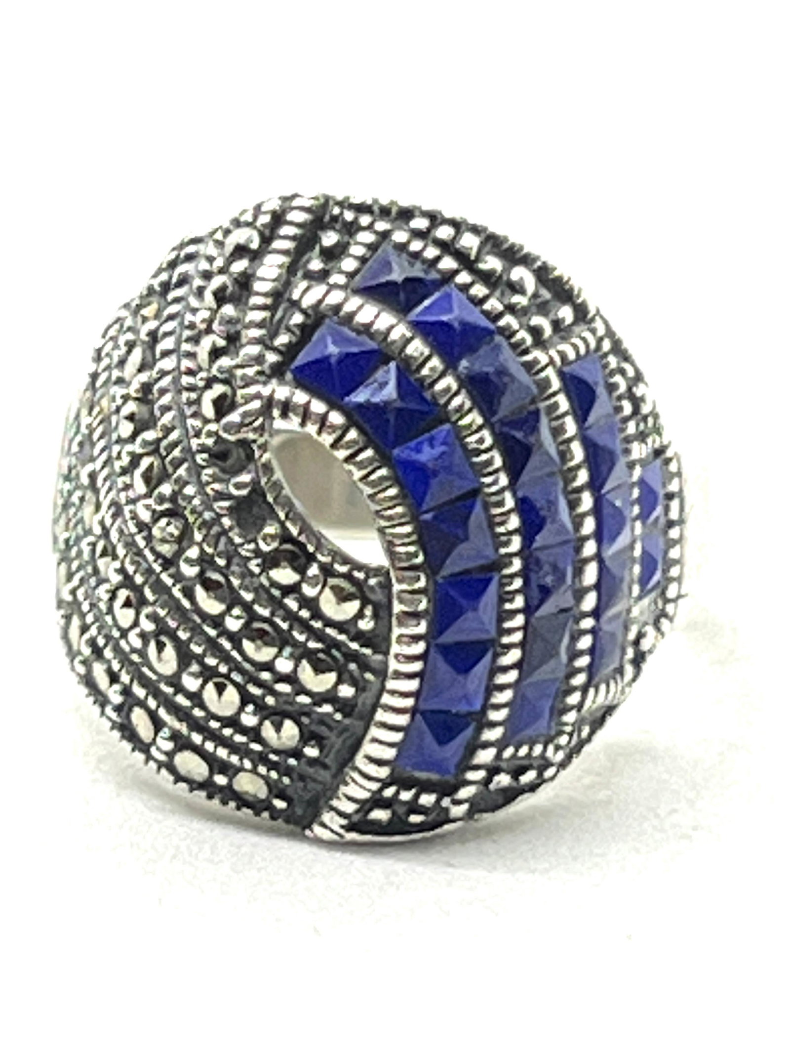 STERLING SILVER RHINESTONES LAPIS LAZULI RING SZ 8 (1 of 2)
