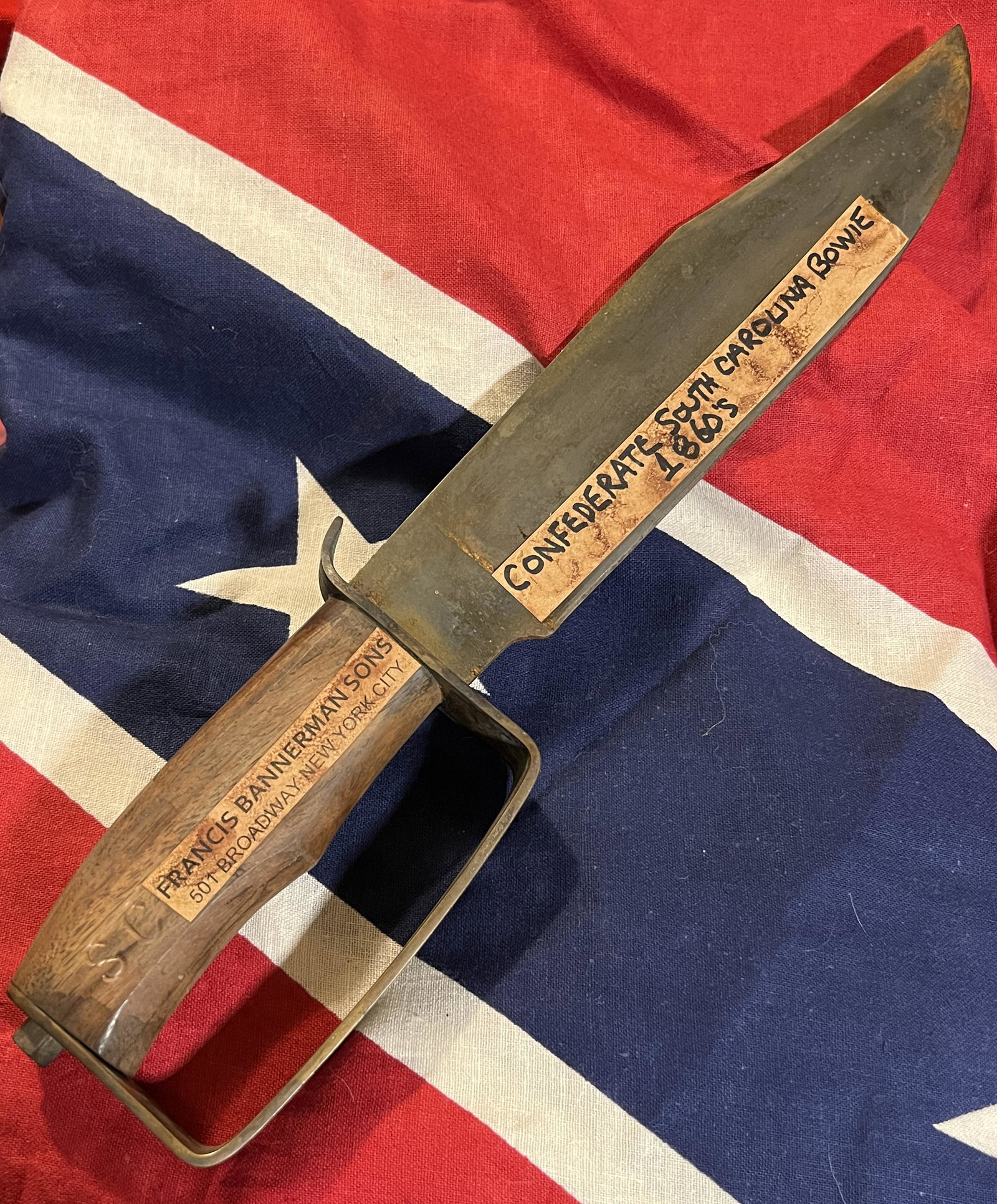 RARE CIVIL WAR CONFEDERATE D-GUARD BOWIE KNIFE S.C.: RARE CIVIL WAR CONFEDERATE D-GUARD BOWIE KNIFE S.C. IN MINT OVERALL SHAPE AND CONDITION WITH A BEAUTIFUL OVERALL PATINA. HAS A GREAT LOOK TO IT WITH AN EXCELLENT OVERALL EYE APPEAL. MARKED S.C. ON THE