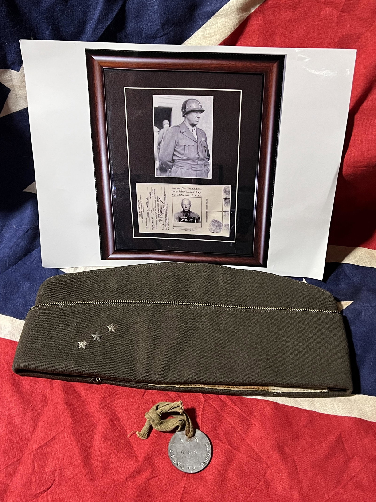 WW2 ID'D GENERAL GEORGE S. PATTON CAP AND DOG TAG SET: WW2 ID'D GENERAL GEORGE S. PATTON CAP AND DOG TAG SET. THIS IS A MUSEUM FIND. THIS SET THAT INCLUDES THE 4 STAR U.S. GENERAL PATTON'S ID'D PERSONAL GARRISON HAT AND DOG TAG. THIS IS AN EXTREMELY RARE 