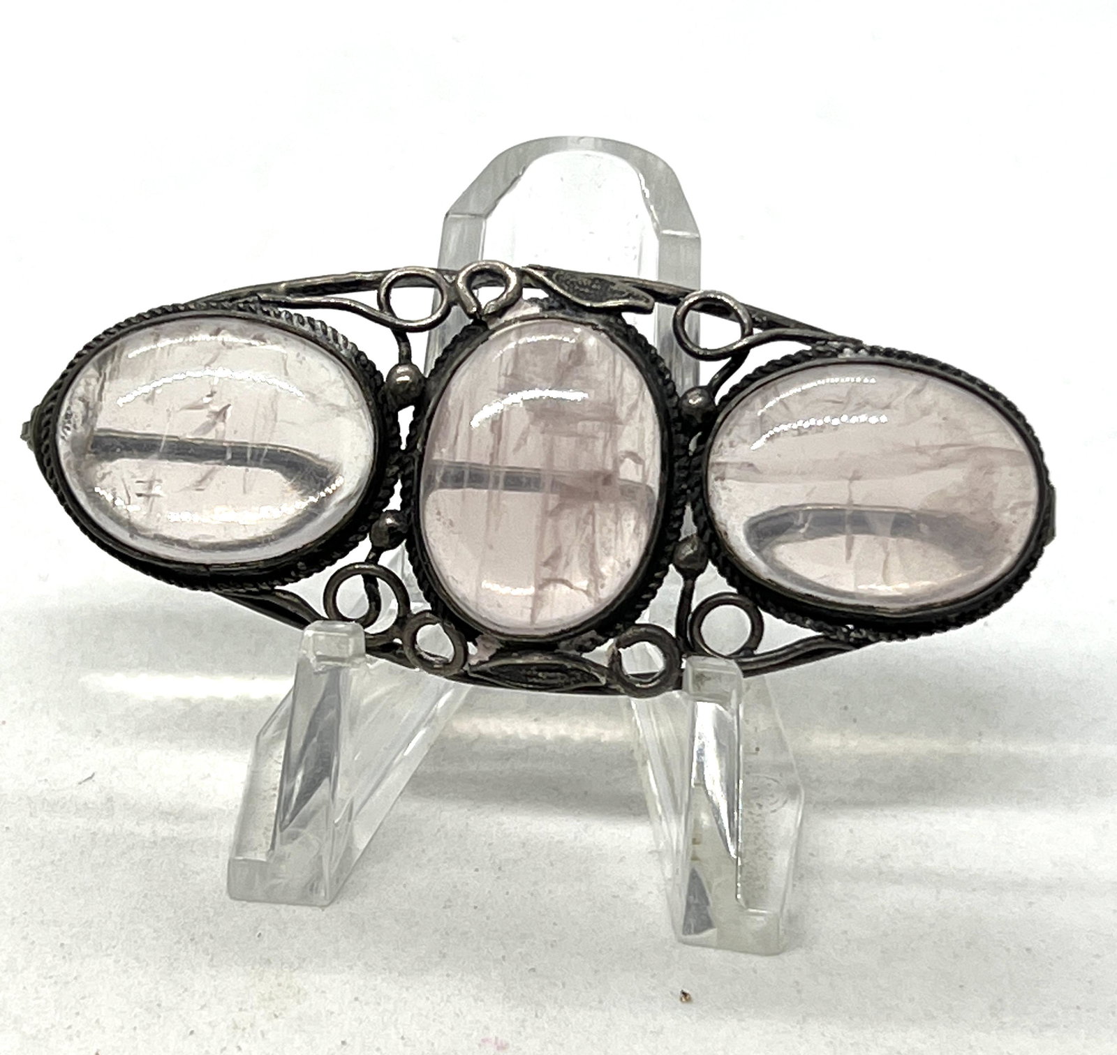 VICTORIAN STERLING SILVER 10 TCW ROSE QUARTZ BROOCH (1 of 3)